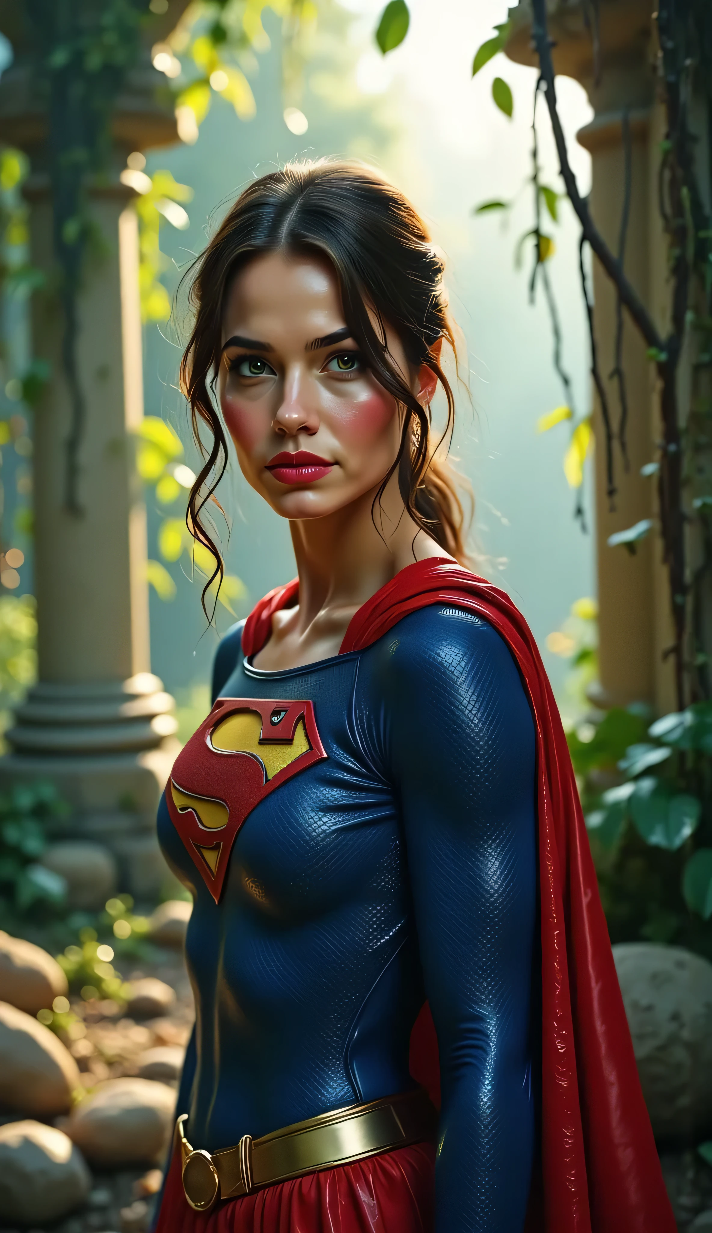 Medium close-up of Supergirl inspired by Melissa Benoist, standing in front of ancient jungle ruins, moss-covered stone pillars and hanging vines behind her, sunlight filtering through leaves, glowing “S” emblem on her chest, soft green reflections on her face, cinematic painterly lighting, 4K resolution