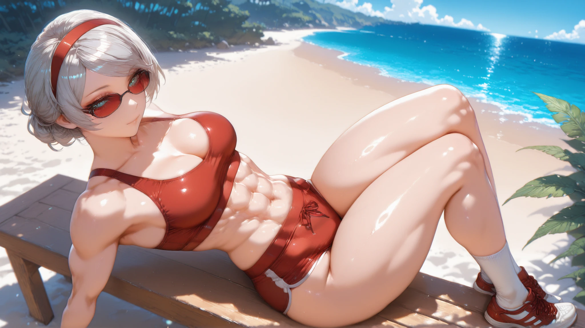 Erina_Prodigy, blonde hair, long hair, purple eyes, curvy, anatomically correct, heavy breathing, huge breasts, best quality, masterpiece, high quality, high details, highres, HD, swimsuit, bikini, 1girl, breasts, white_bikini, large_breasts, navel, string_bikini, solo, ocean, sidelocks, sky, bangs, closed_mouth, blush, beach, sitting, micro_bikini, collarbone, looking_at_viewer, thighs, grey_eyes, wet, "Photorealistic, Hyperrealistic, Hyperdetailed, analog style, soft lighting, subsurface scattering, realistic, heavy shadow, masterpiece, best quality, ultra realistic, 8k, golden ratio, Intricate, High Detail, film photography, soft focus", hollow eyes, purple eyes, looking at viewer, (heavy breathing:1.2), tired, upper teeth, steaming face, nsfw, nsfw art, pubic hair peek,