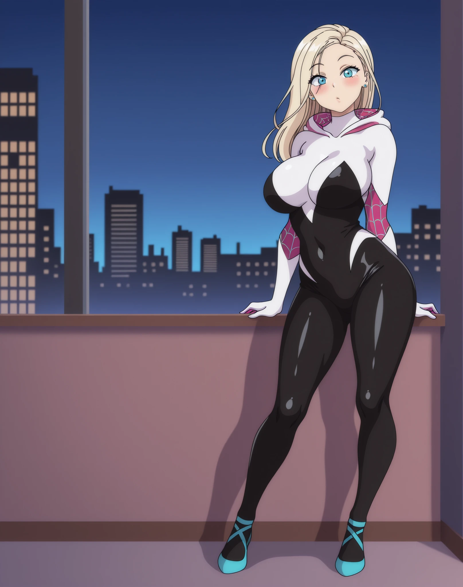 ultra realistic 8k cg, masterpiece, ((ultra detailed background, intricate detail, highly detailed, fine details best quality, hyperdetailed face)), gigantic breasts ,beautiful lighting, absurdres, BoaHancockV2, 1girl, solo, blonde hair, long hair, jewelry, closed mouth, ), (Spider-gwen costume, curvy, shiny clothes), blue eyes, complex detailed background, outside, standing on top of buildings at night), ((cowboy shot)), curvy, (gigantic breasts: 1.1), seductive smile, cowboy shot, curvy ass, big butt, bubble butt,