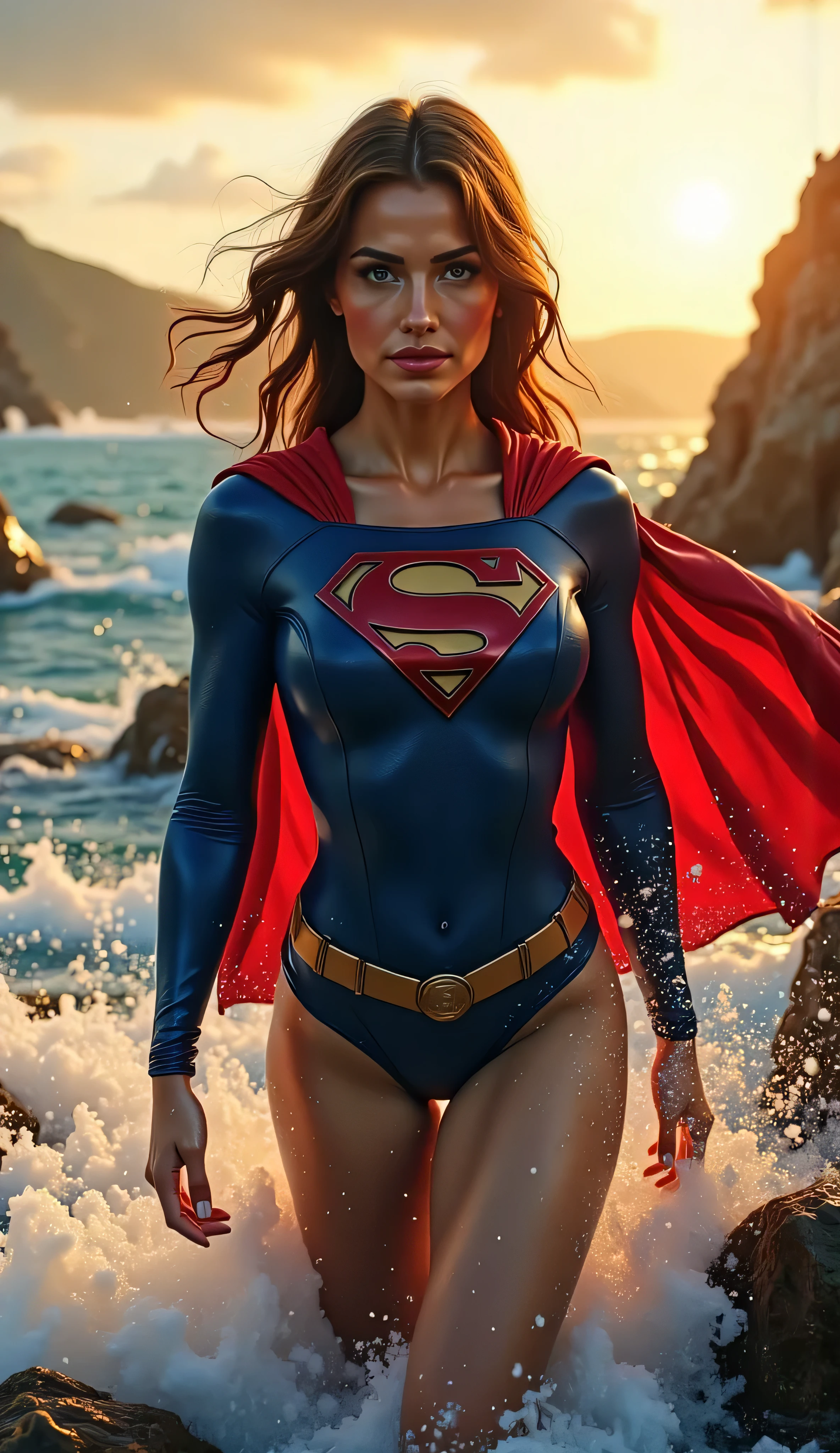 Medium close-up of Supergirl with ocean waves crashing far below, seabreeze blowing through her hair and cape, rocky cliffs and distant horizon in the background, glowing golden sunset casting rim lighting, dynamic atmosphere, semi-realistic 4K