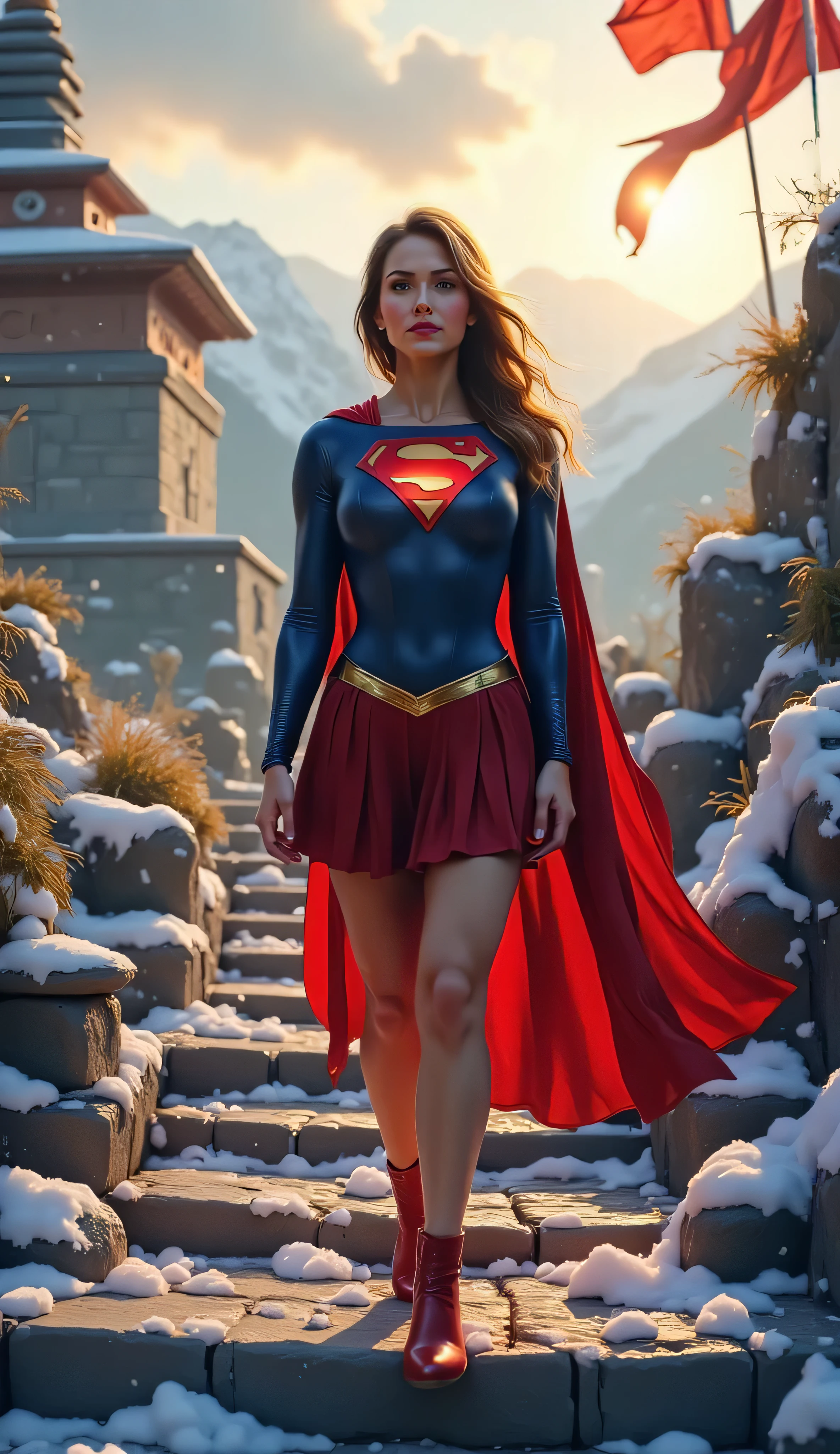 Medium close-up of Supergirl with snow-covered stone steps and a sacred temple behind her, sun rising over distant peaks, flags waving in morning wind, glowing emblem bathed in golden light, peaceful expression, painterly detail, 4K realism