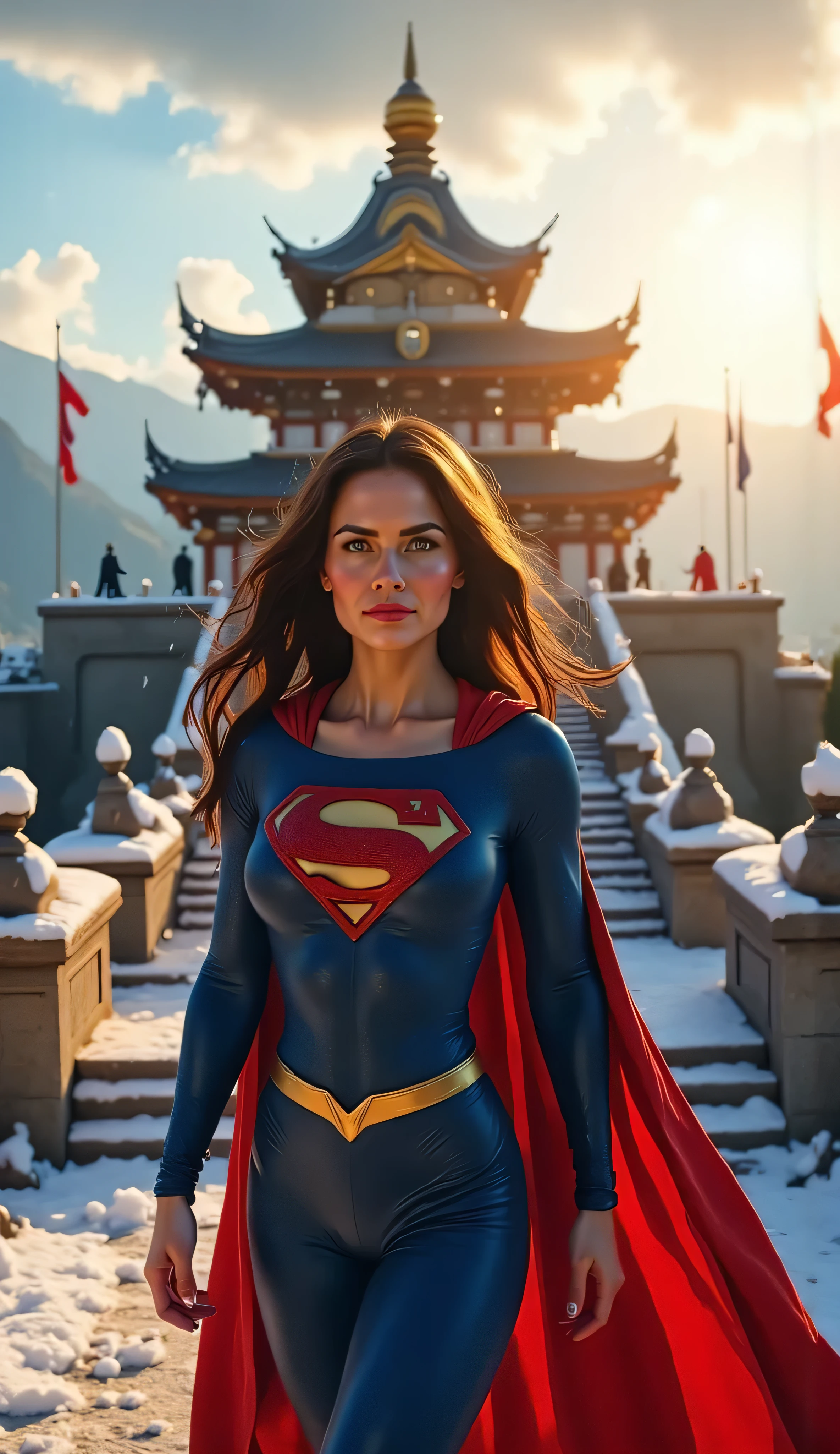 Medium close-up of Supergirl with snow-covered stone steps and a sacred temple behind her, sun rising over distant peaks, flags waving in morning wind, glowing emblem bathed in golden light, peaceful expression, painterly detail, 4K realism