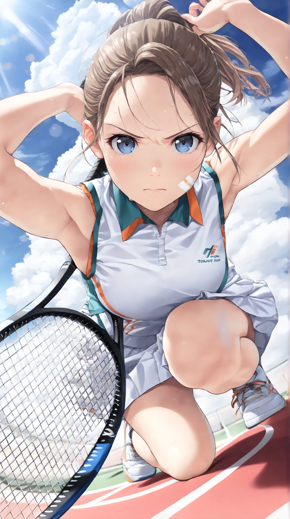 "Describe a woman in a white tennis outfit, swinging a tennis racket with a determined expression on her face as she hits the ball back on a green tennis court under a clear blue sky. Her movements are powerful, and there are stands with spectators in the background."