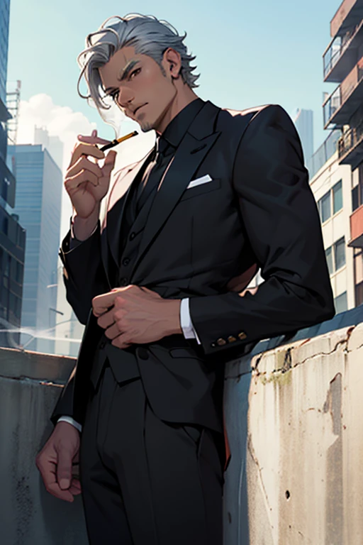 For profile picture, Best quality stable and dignified appearance and elegant body proportions; Leaning against a lamppost under a neon lamp; A 30-year-old man, Smoking, Dark eyes staring, Wearing a black suit, golden ratio, studio lighting; Film color very soft light, --auto --s2