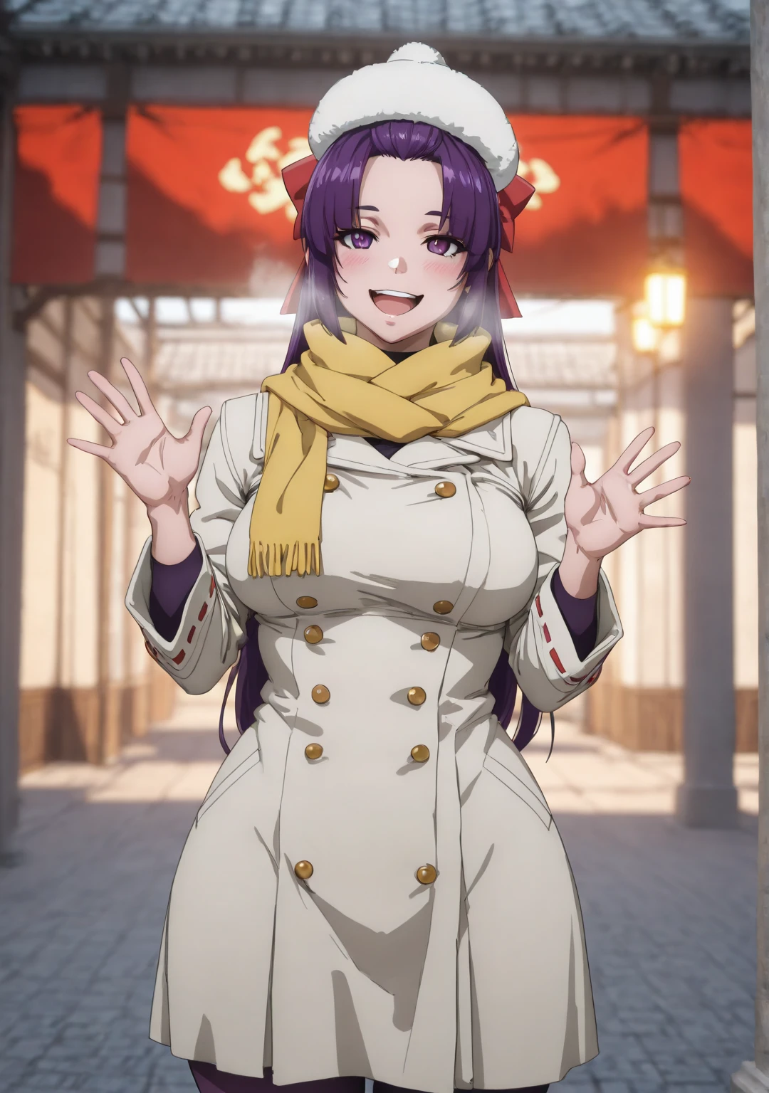 ggstduel, (ulrich \(tagaragakuin\)-style:1.2), (kunaboto-style), ((anatomical correct)), ((Cinematic, unreal engine, eye-catching, ambient occlusion, UHD, masterpiece)), ((perfect lighting)), perfect body, perfect eyes, perfect fingers, gasping, heavy breathing, gasping profusely, ((skindentation)), ((curvy)), SHIKOKU_(MATO_SEIHEI_NO_SLAVE), purple hair, purple eyes, slit pupils, long hair, hair bow, red bow, parted bangs, ribbon trim, half updo hair, bangs_pinned_back, straight hair, ((medium breasts)), plump, 1girl, scarf, solo, hat, smile, coat, chromatic_aberration, blush, breasts, facing_viewer, white_coat, pantyhose, winter_clothes, long_sleeves, yellow_scarf, outdoors, buttons, blurry, hands_up, fur_hat, blurry_background, white_headwear, open_mouth, 