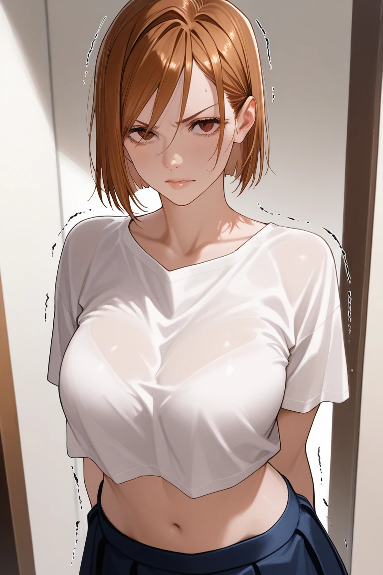 Nobarakugisaki, Nobara Kugisaki, Bob Cut, (brown eyes:1.7), brown hair, labios sexis, pelo corto,
BREAK Belt, 
DESCANSO mirando al espectador, mirada sexi, mirada sensual, 
DESCANSO en interiores, Bedroom,
QUEBRAR (Obra maestra:1.2), La mejor calidad, High resolution, Unidad 8K Fondo de pantalla, (illustration:0.8), (hermosos ojos detallados:1.6), Cara extremadamente detallada, Perfect lighting, CG extremadamente detallado, (Manos perfectas, Perfect anatomy), pose sexi, sensual, provocativa, hot, horny