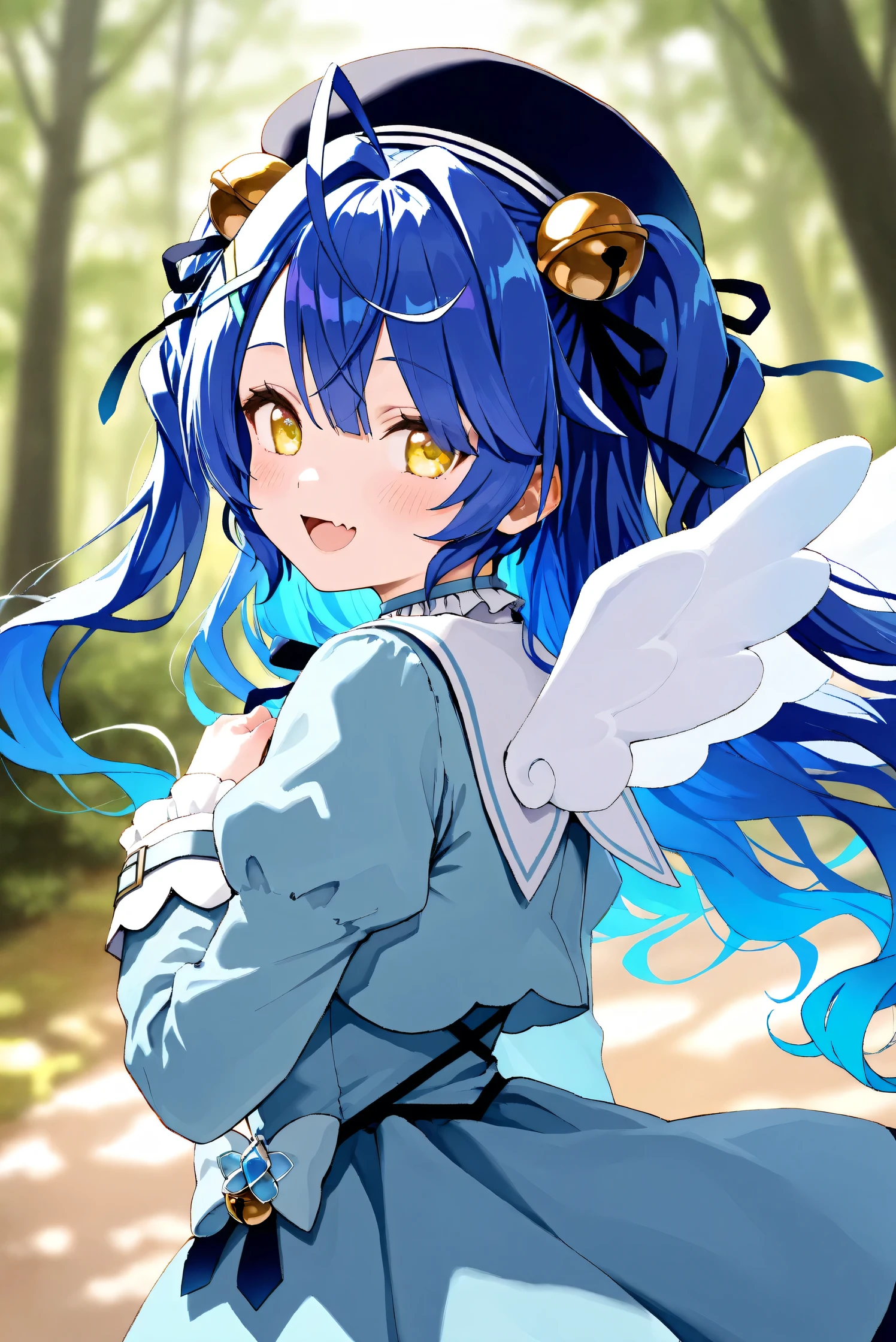 (Masterpiece), (Highest quality), (Very detailed),
(The best shape), (Best Shadow), (Absurd),
(Detailed background), (So beautiful), Shiny ,
Extraordinary, Countershading, 8k, 32K, High resolution, Beautiful eyes in every detail,
Very Detailed CG, UHD,
Score_9, Score_8_up, Score_7_up, Source_anime,
(Pastel painting:1.2), (Watercolor painting:1.2),
(Masterpiece, Detailed:1.2), (Foreshortening:1.2),
Cinematic, Dramatic, (Depth of field:1.4),
(Blurry background:1.4), (Realistic background:1.4),
(Foreshortening:1.3),Dynamic angle, 1 girl,
dynamic pose,
Outdoor, Nature, Wind, forest,
Amamiya Kokoro,
nijisanji, virtual youtuber,
akokoro, ribbon, hair bell, x hair ornament, two side up, skin fang,
beret, dress, blue dress, long sleeves, jingle bell, wings,
portrait, Focus on face, close up shot,
(Blush:1.3), smile, happy,
looking back,
Realistic skin, Shiny skin,