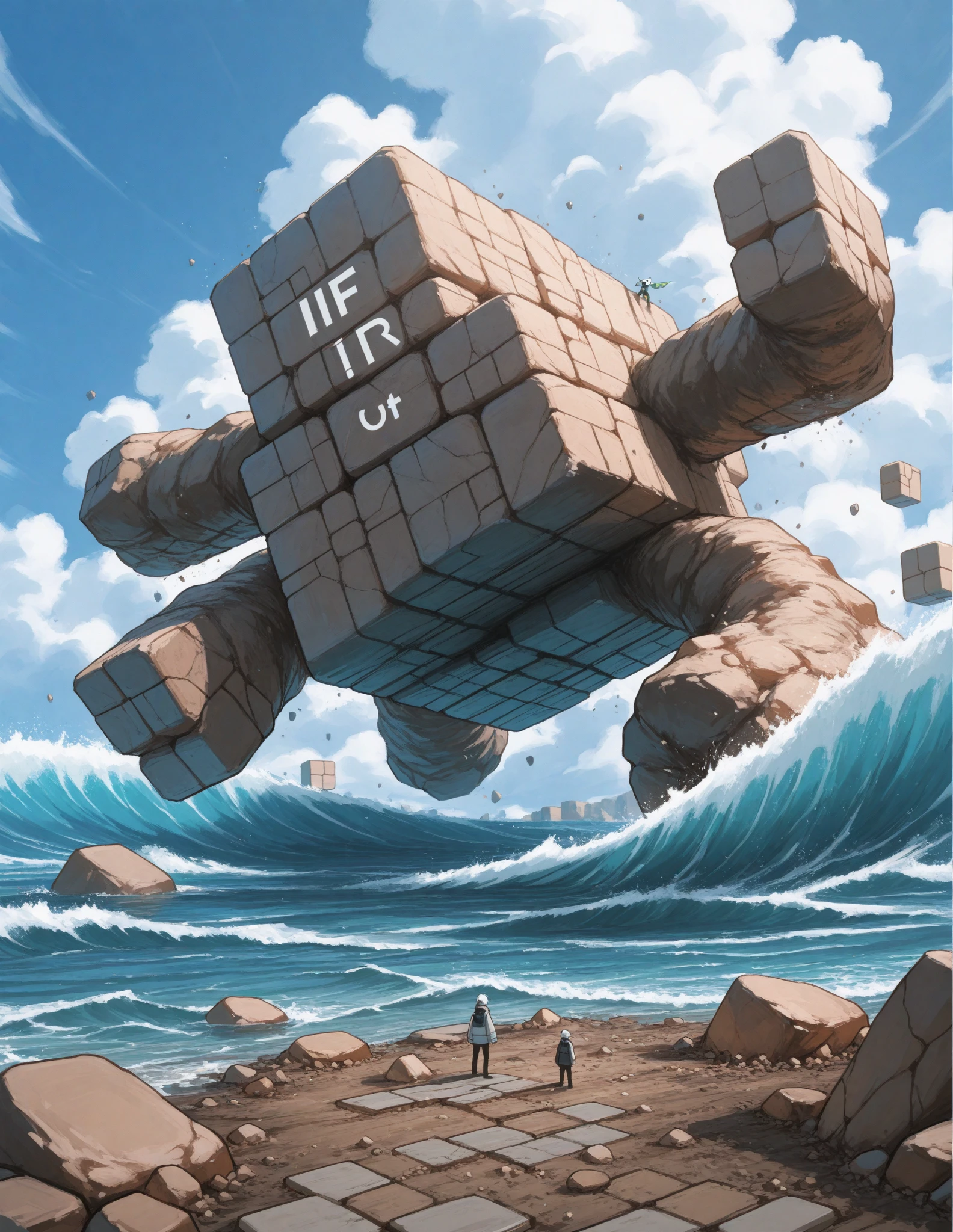 A giant cube slowly rotates as it is pushed up by the waves, and spins while cracking like a Rubik's Cube. Clouds flow around it, and the camera starts from a low angle and gradually retreats, before suddenly moving to a bird's-eye view.