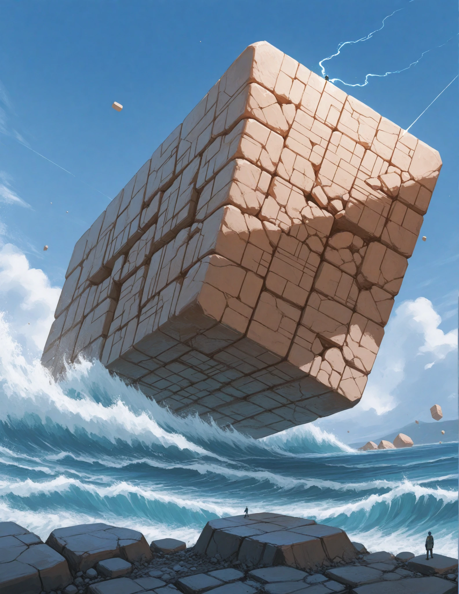A giant cube slowly rotates as it is pushed up by the waves, and spins while cracking like a Rubik's Cube. Clouds flow around it, and the camera starts from a low angle and gradually retreats, before suddenly moving to a bird's-eye view.
