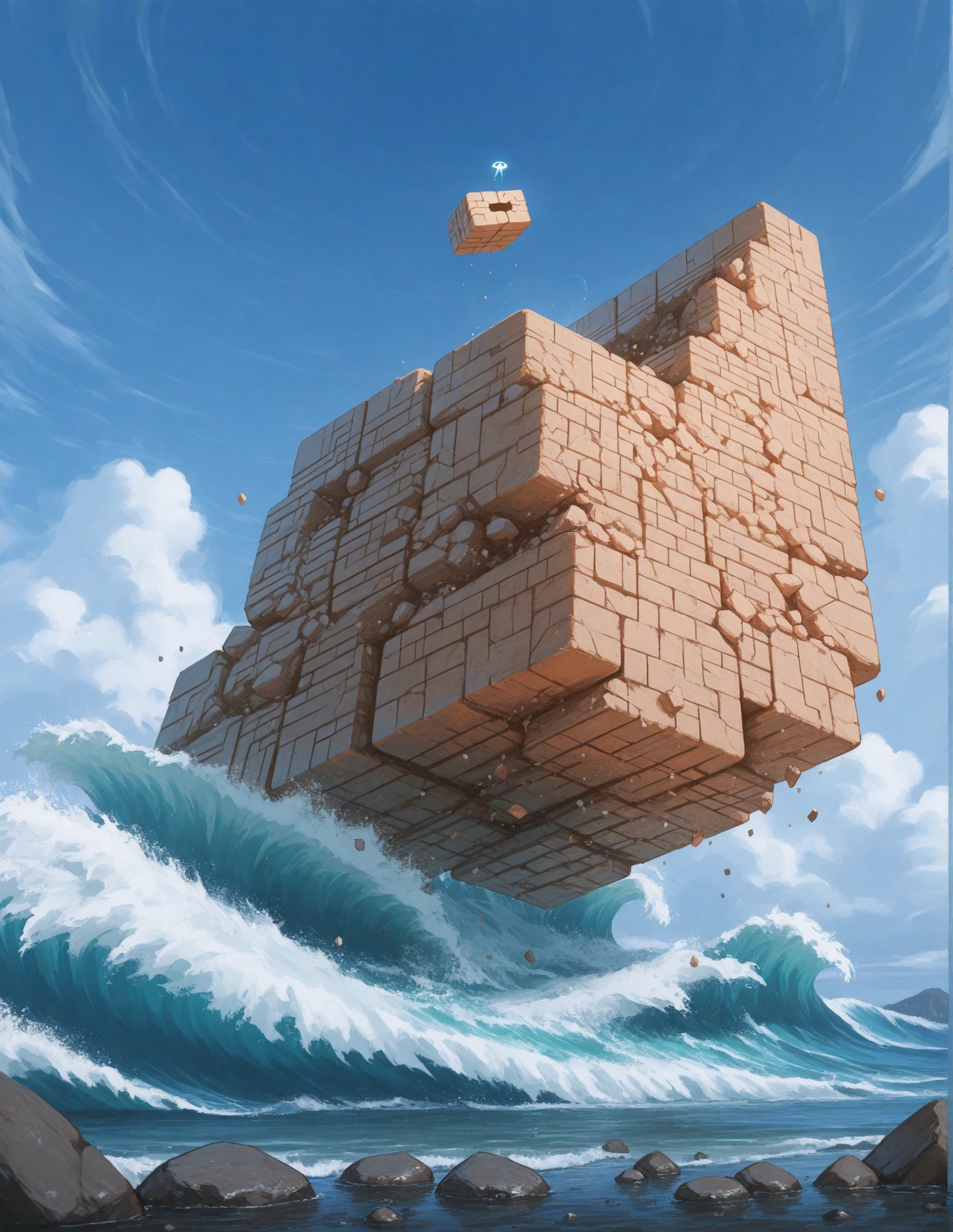 A giant cube slowly rotates as it is pushed up by the waves, and spins while cracking like a Rubik's Cube. Clouds flow around it, and the camera starts from a low angle and gradually retreats, before suddenly moving to a bird's-eye view.