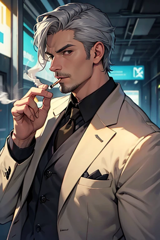 a close up of a man smoking a cigarette in a suit, cyberpunk street goon, as the protagonist of gta 5, style of gta v artworks, portrait of adam jensen, style of raymond swanland, shadowrun character art, gta character, detailed character art, sage ( valorant ), human male character art, inspired by Constantine Andreou
