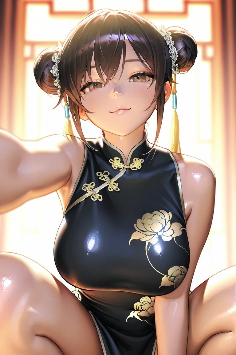 ((Gold embroidered cheongsam)), skindentation, skinny, solo, 1 woman, Masterpiece, highest quality, highest quality, 16K, incredibly absurd, highly detailed, 2.5D, ai-generated, delicate and dynamic, very delicate facial expressions, delicate eye depiction, erotic, only sexy woman, healthy figure, 25-year-old woman, bride, 160cm tall, medium firm swaying bust, (dark hair), black eye, blush, Sweat,Embarrassed,sexy, ((thin thighs)), (Erect nipples:0.9), (visible nipples:0.9), (camel toe:0.8), ((shiny and lustrous)), facing straight at viewer, ((brown_skin:1.5)), ((Oily_skin)), sweaty skin, wet skin, dutch angle, sexy pose,