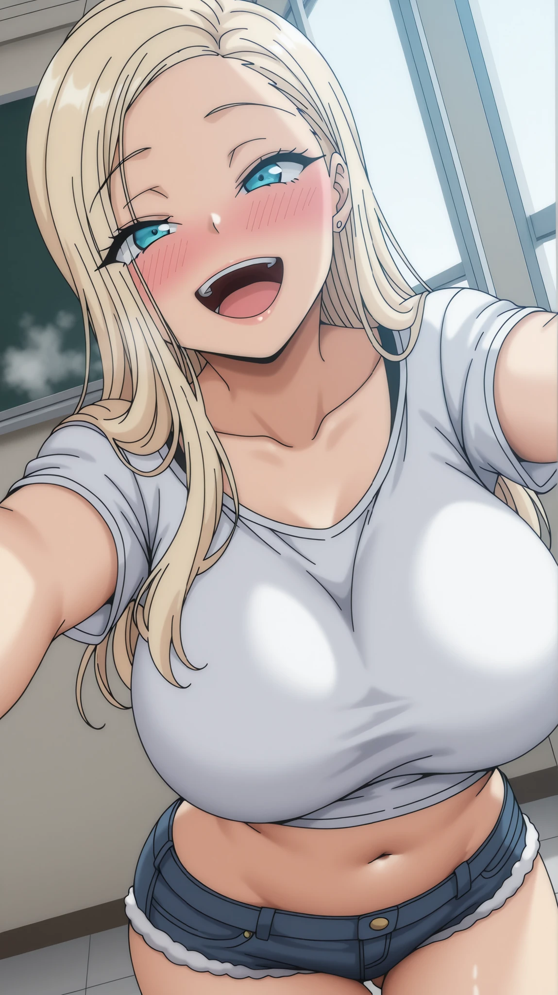 1 girl, reina kurashiki, blonde hair, long hair, big breasts, smiling, open mouth blushing, spectator looking, masterpiece, best quality, high quality, happy, smile, tiny body, dutch angle, steam coming out of mouth, school, sensual pose, cropped top, white shirt, navel, short shorts, jean shorts, upper body, naughty look, ass