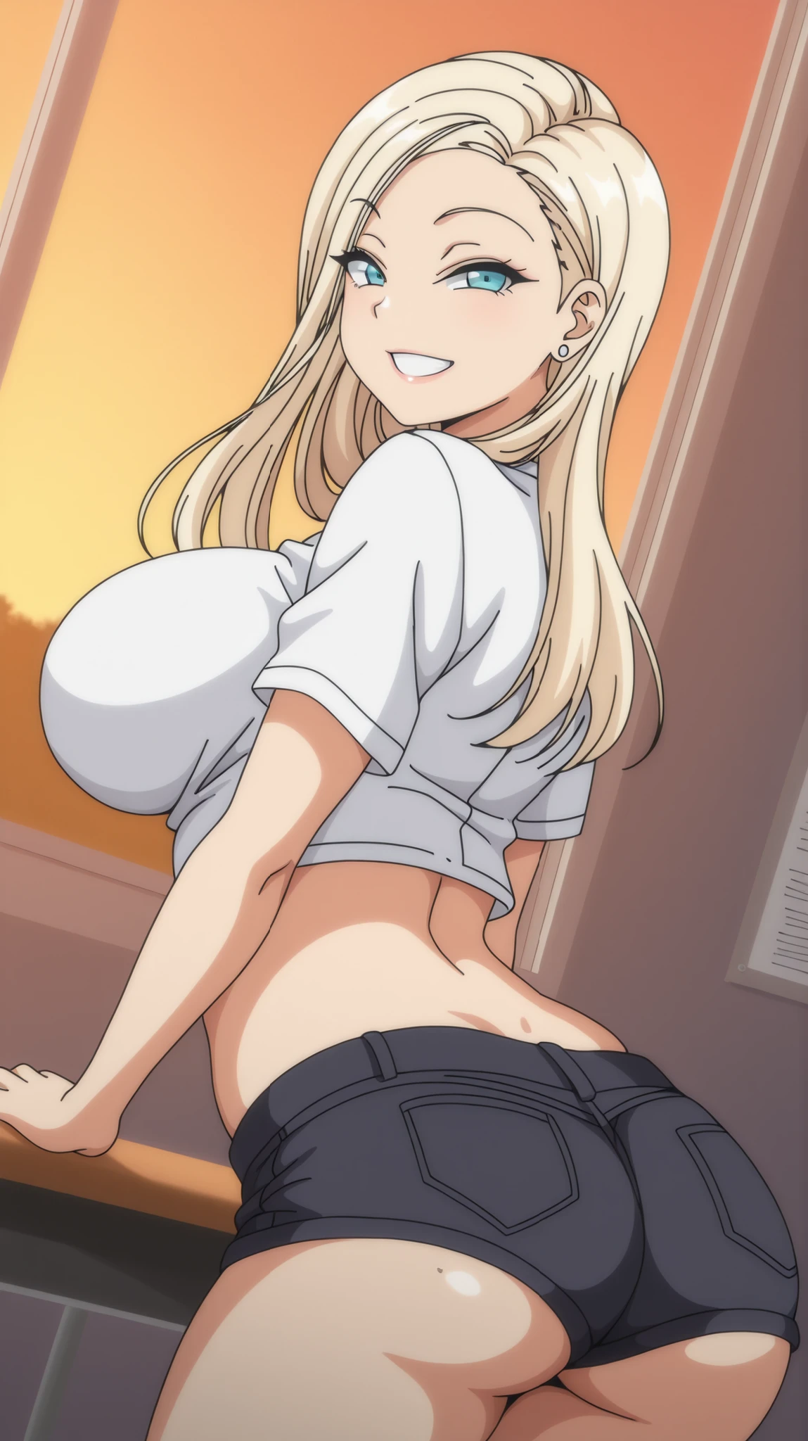 1 girl, reina kurashiki, blonde hair, long hair, big breasts, smiling, spectator looking, masterpiece, best quality, high quality, happy, smile, tiny body, dutch angle, school, cropped top, white shirt, short shorts, naughty look, ass, back view