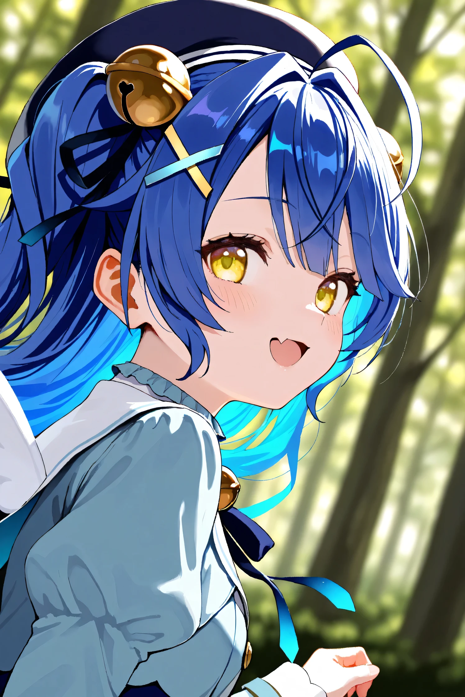 (Masterpiece), (Highest quality), (Very detailed),
(The best shape), (Best Shadow), (Absurd),
(Detailed background), (So beautiful), Shiny ,
Extraordinary, Countershading, 8k, 32K, High resolution, Beautiful eyes in every detail,
Very Detailed CG, UHD,
Score_9, Score_8_up, Score_7_up, Source_anime,
(Pastel painting:1.2), (Watercolor painting:1.2),
(Masterpiece, Detailed:1.2), (Foreshortening:1.2),
Cinematic, Dramatic, (Depth of field:1.4),
(Blurry background:1.4), (Realistic background:1.4),
(Foreshortening:1.3),Dynamic angle, 1 girl,
dynamic pose,
Outdoor, Nature, Wind, forest,
Amamiya Kokoro,
nijisanji, virtual youtuber,
akokoro, ribbon, hair bell, x hair ornament, two side up, skin fang,
beret, dress, blue dress, long sleeves, jingle bell, wings,
portrait, Focus on face, close up shot,
(Blush:1.3), smile, happy,
looking back,
Realistic skin, Shiny skin,