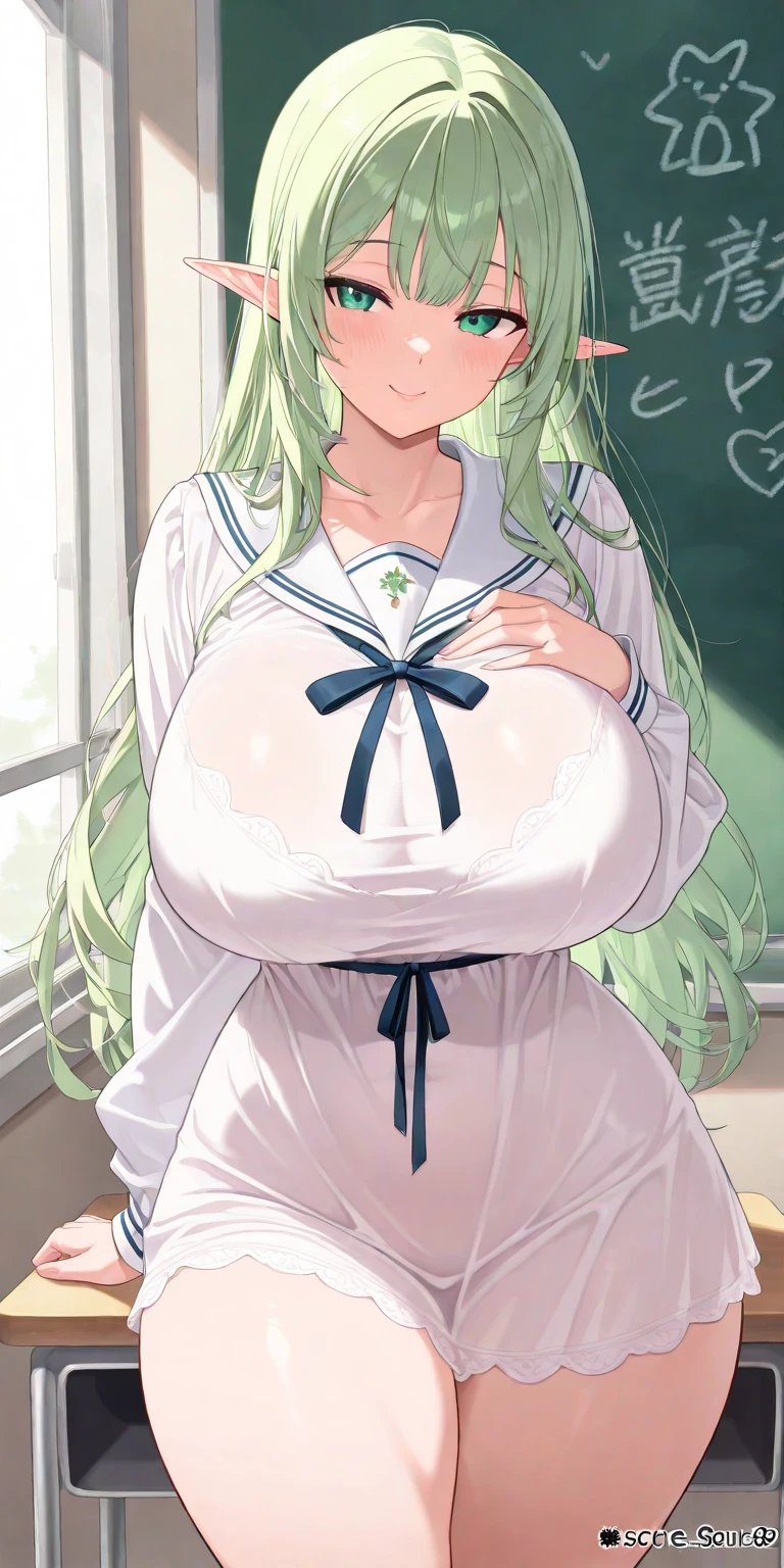 solo, milf, suzuya, kantai collection, huge breasts, long hair,sweater ,white skirt,,long hair, green hair, wide hips,looking at viewer, wide hips, open mouth, smile,on bed,,chubby, sweat body, wet body, light,,focus upper body
