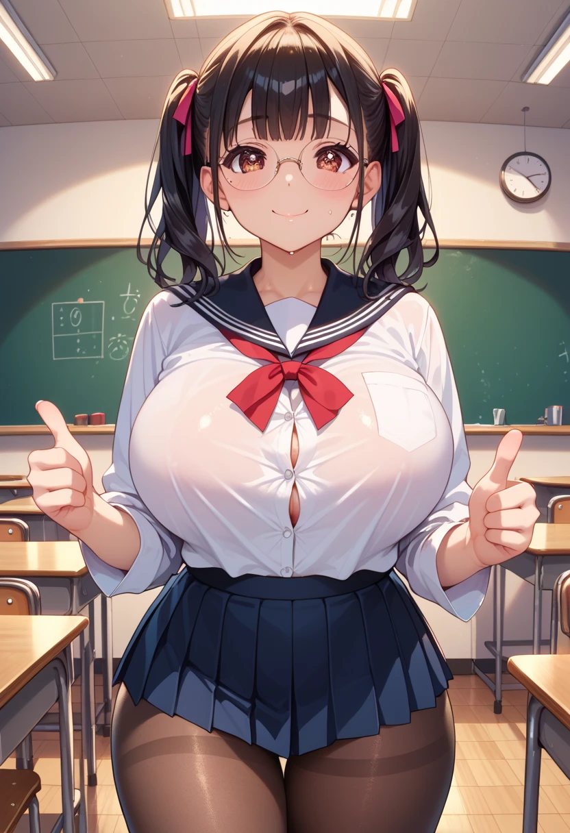 woman, student, sexy body, curvy body, big breasts, cleavage, red eyes, long straight black hair, ((twintail hairstyle)), big hip, ((stockings, garter belts, student uniform, school-uniform)), smiling, beautiful face, detailed face, very detailed, beautiful eyes, full body, full body shot, high quality, detailed background, high resolution, 8k resolution, ultra high detail, (taking a selfie), alone,