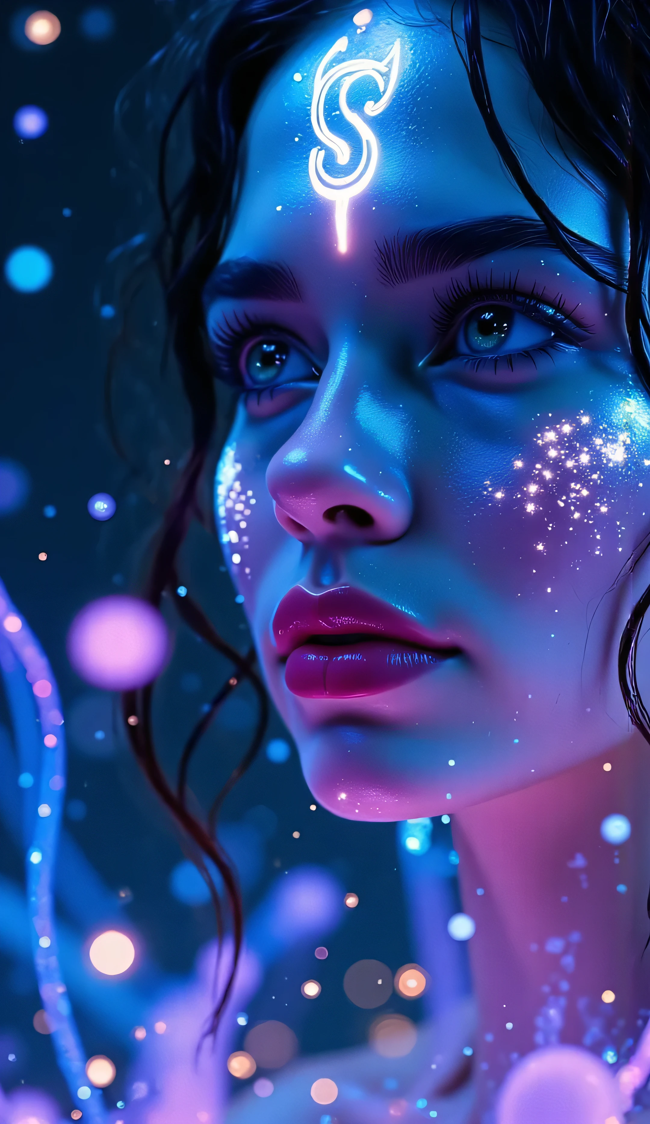Medium close-up surrounded by glowing alien flora, bioluminescent blue and purple plants behind her, magical fireflies floating past, glowing “S” emblem in harmony with the glowing forest, soft radiant light on her cheeks, surreal fantasy tone, ultra-detailed 4K