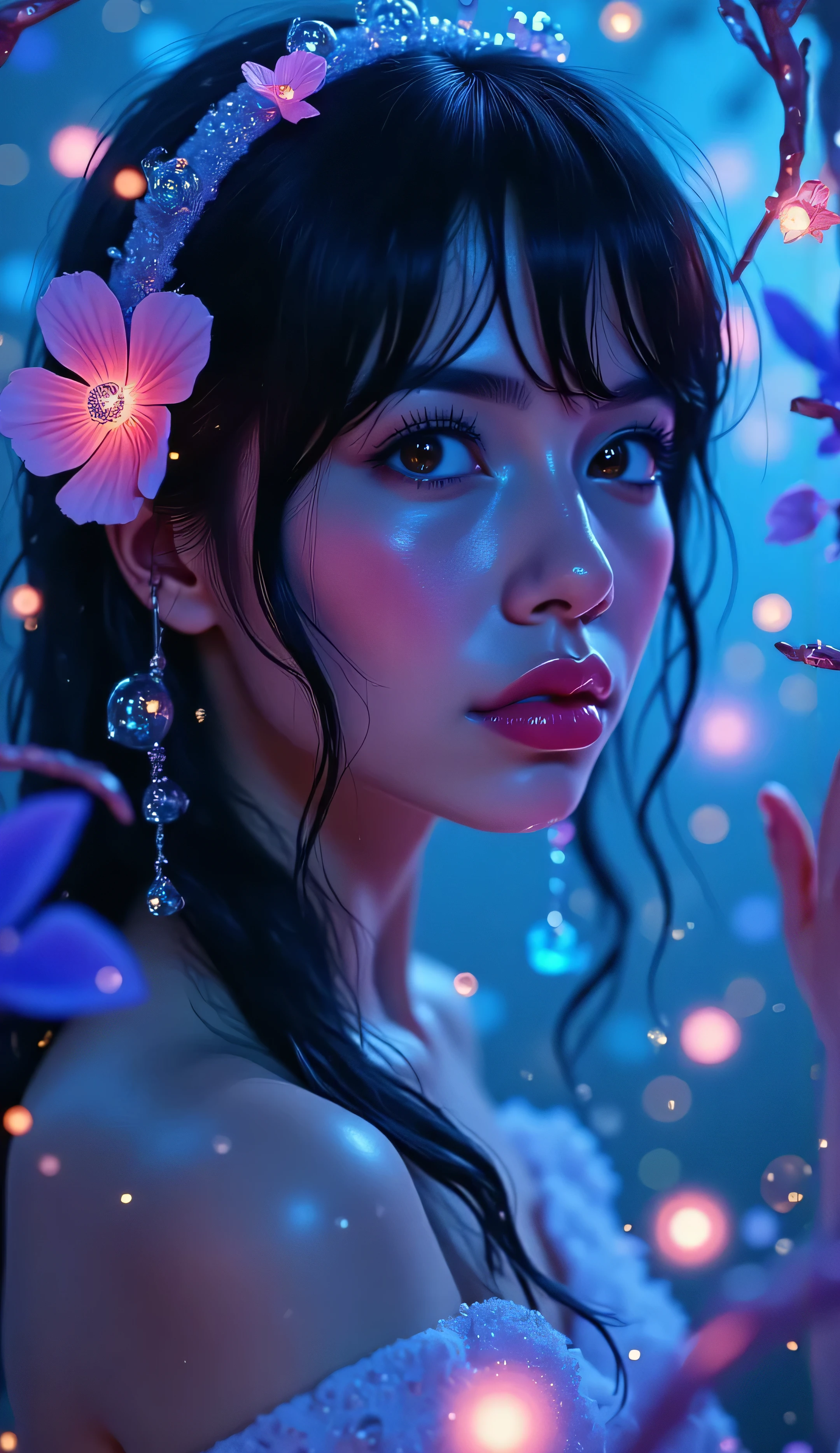 Medium close-up surrounded by glowing alien flora, bioluminescent blue and purple plants behind her, magical fireflies floating past, glowing “S” emblem in harmony with the glowing forest, soft radiant light on her cheeks, surreal fantasy tone, ultra-detailed 4K