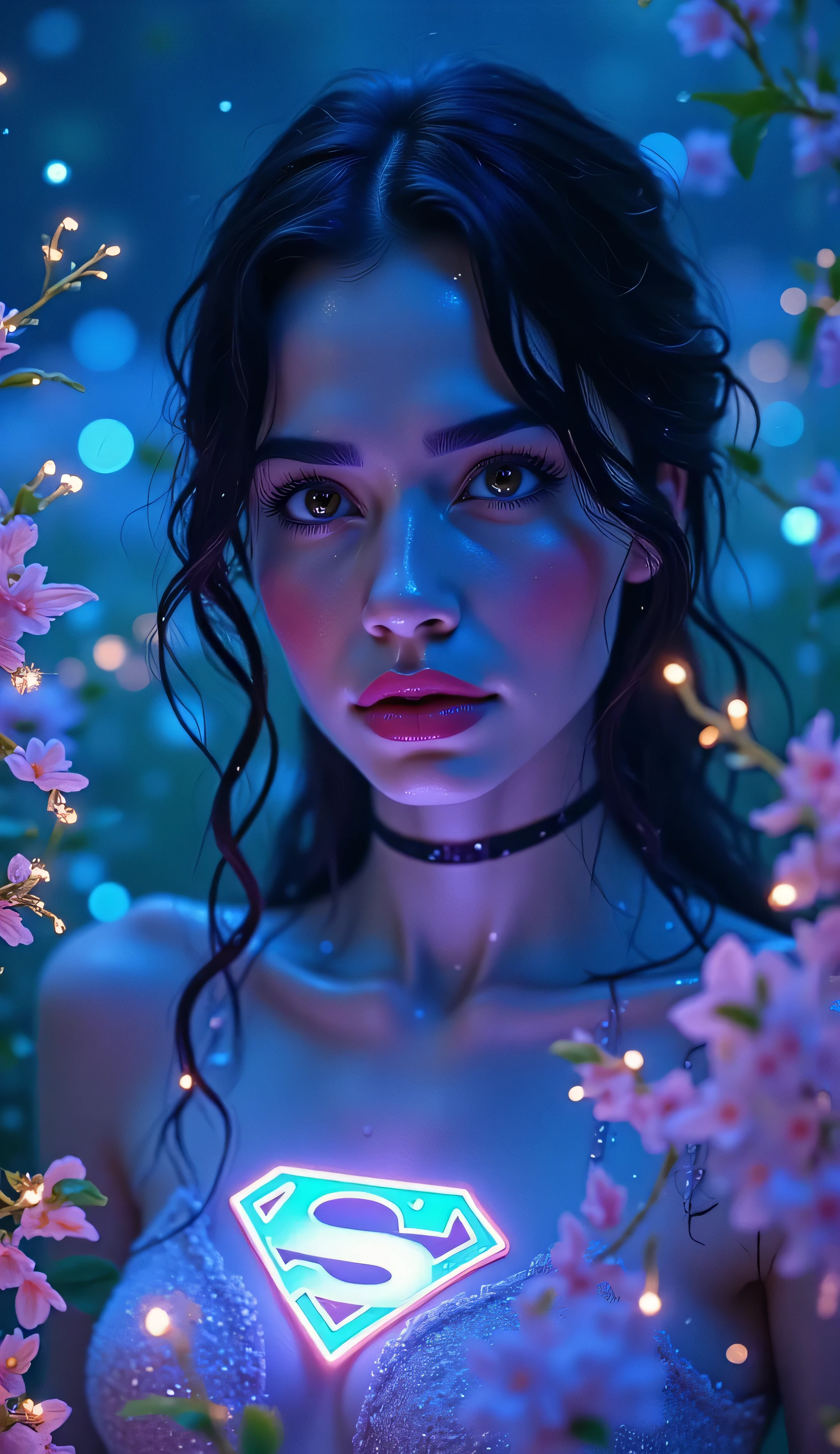 Medium close-up surrounded by glowing alien flora, bioluminescent blue and purple plants behind her, magical fireflies floating past, glowing “S” emblem in harmony with the glowing forest, soft radiant light on her cheeks, surreal fantasy tone, ultra-detailed 4K