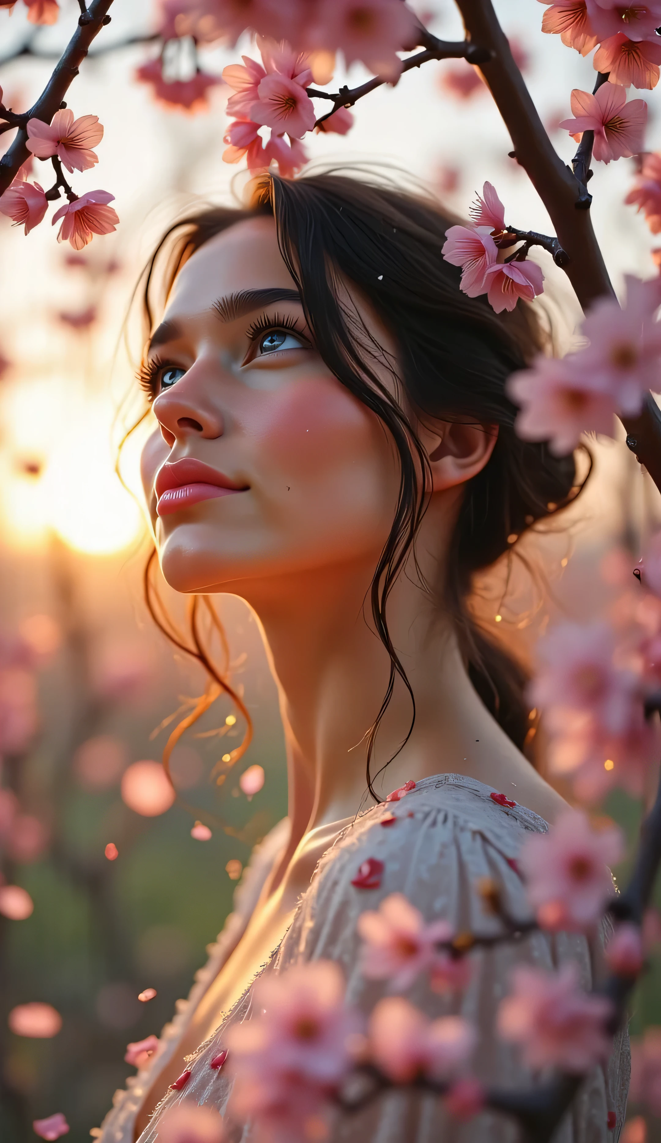 Medium close-up beneath blooming cherry blossoms, pink petals drifting through the air, soft spring sunset filtering behind trees, glowing emblem with warm reflections on her neck and face, peaceful and natural beauty, semi-realistic 4K