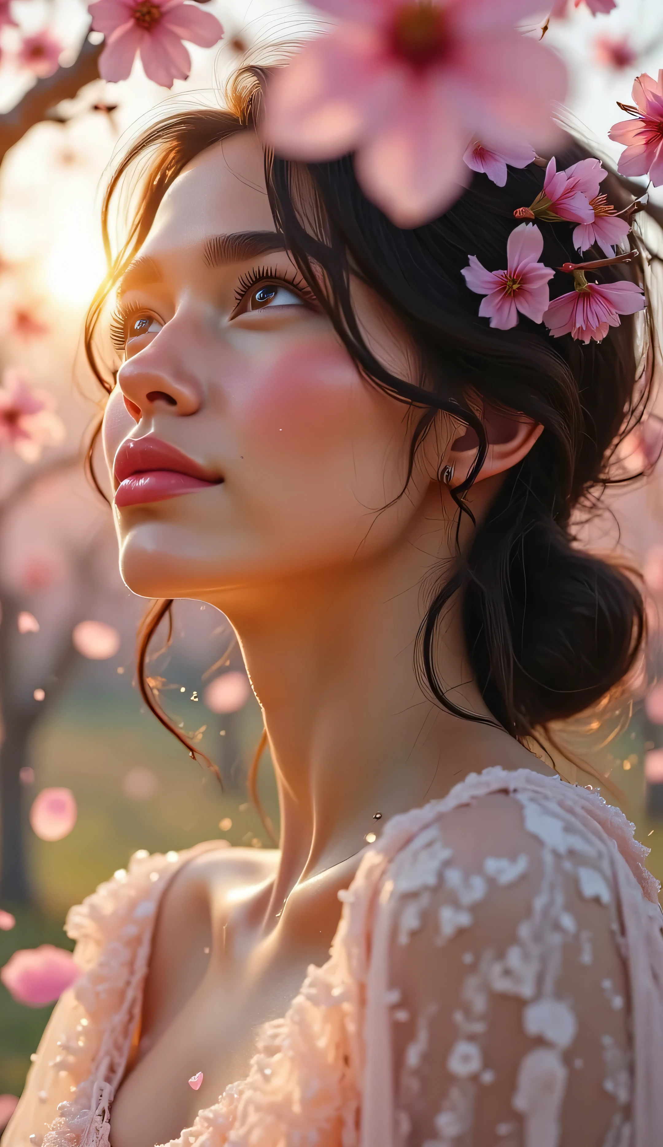 Medium close-up beneath blooming cherry blossoms, pink petals drifting through the air, soft spring sunset filtering behind trees, glowing emblem with warm reflections on her neck and face, peaceful and natural beauty, semi-realistic 4K