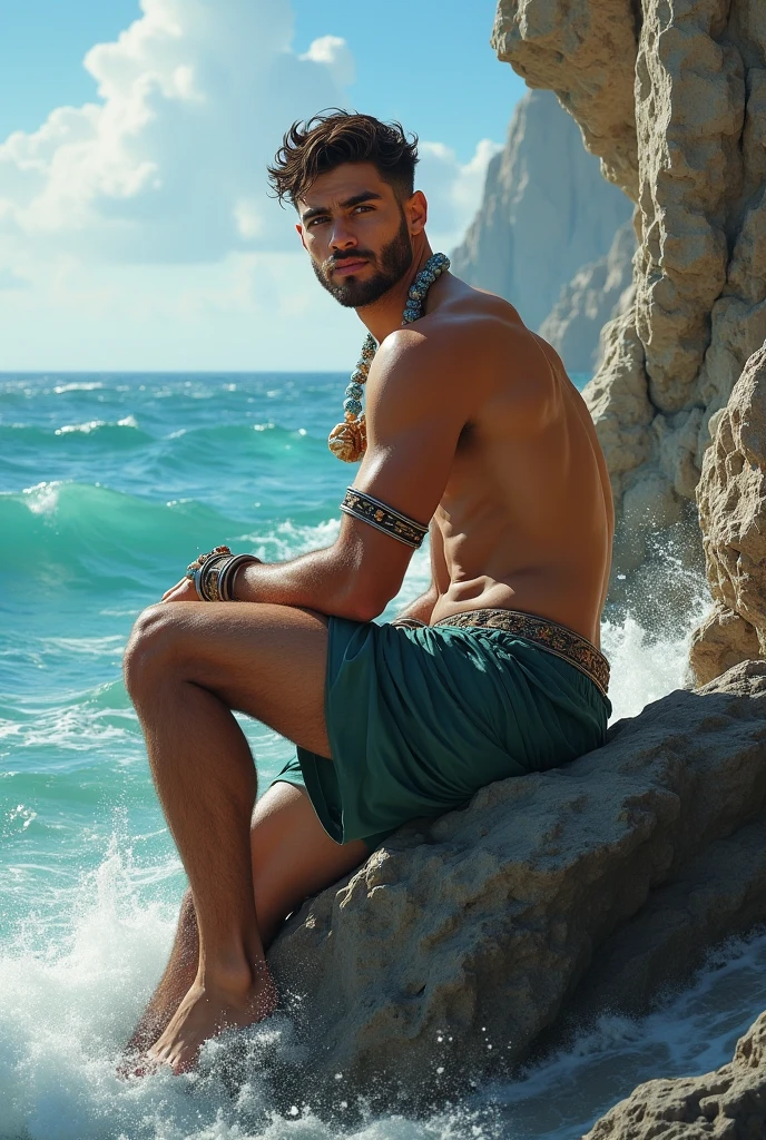 A tanned young man, dark brown hair, amber eyes, Arabian open dancewear and gold jewelry. Standing on a rocky shore and looking out at the sea.