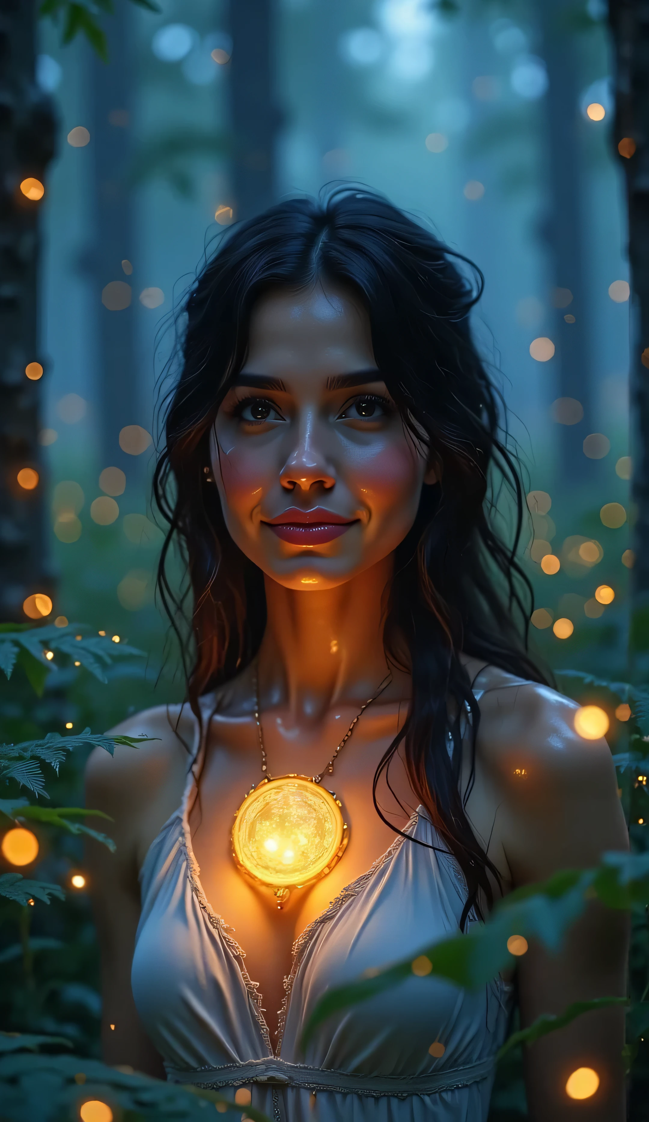 Medium close-up with a twilight forest behind her, hundreds of glowing fireflies creating soft ambient lights, trees and ferns blurred in depth, gentle smile on her face, glowing emblem softly lighting her chest and chin, dreamy 4K painterly style