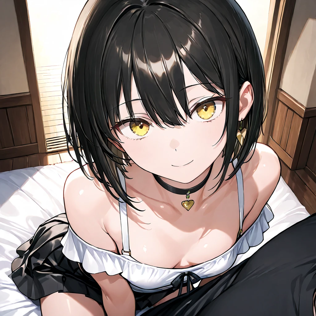 Masterpiece, best quality, lomg black hair, halo, bangs, yellow eyes, (( pink underware )), big tits, (see through nipples), blushing, close up shots, from above, (night, late night, bedroom, on bed), soft lighting