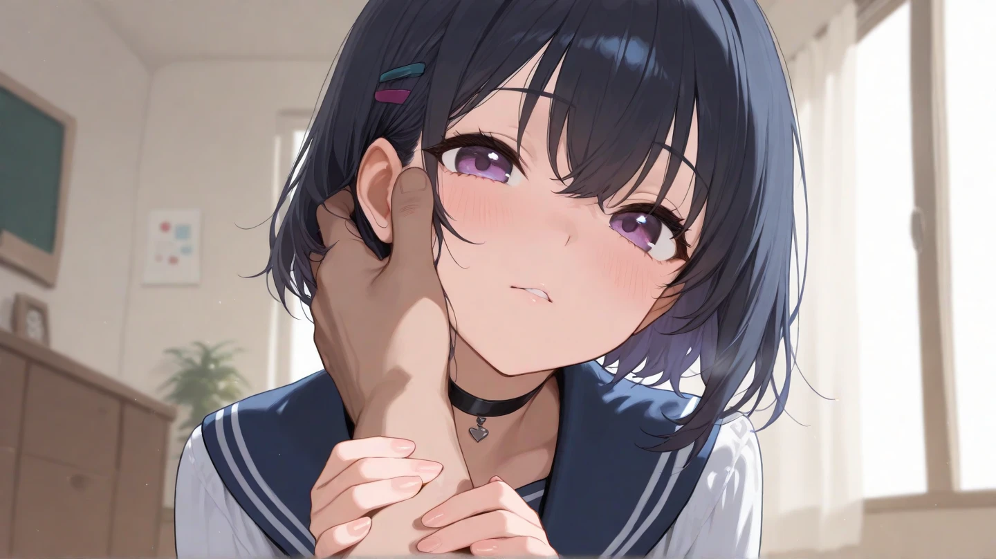 (Unity 8K Wall Pace),(Highest quality),(High resolution),(Very detailed),(Perfect Anatomy),(Beautiful attention to detail),(Very detailedベニス),(masterpiece, Highest quality), Browsing Caution,(1man,1girl),(Facial:1.8), BREAK Japan,Girl,,(Not cute),((scared:1.8)),Black Hair,(pixie cut),short hear,,Japanese ,Navy Blue Blazer,Pleated skirt,White socks,Sit in front of the audience,Staring at the audience,(hand job:1.5),Grab your penis, BREAK Small penis,(Viewer's penis),Realistic penis