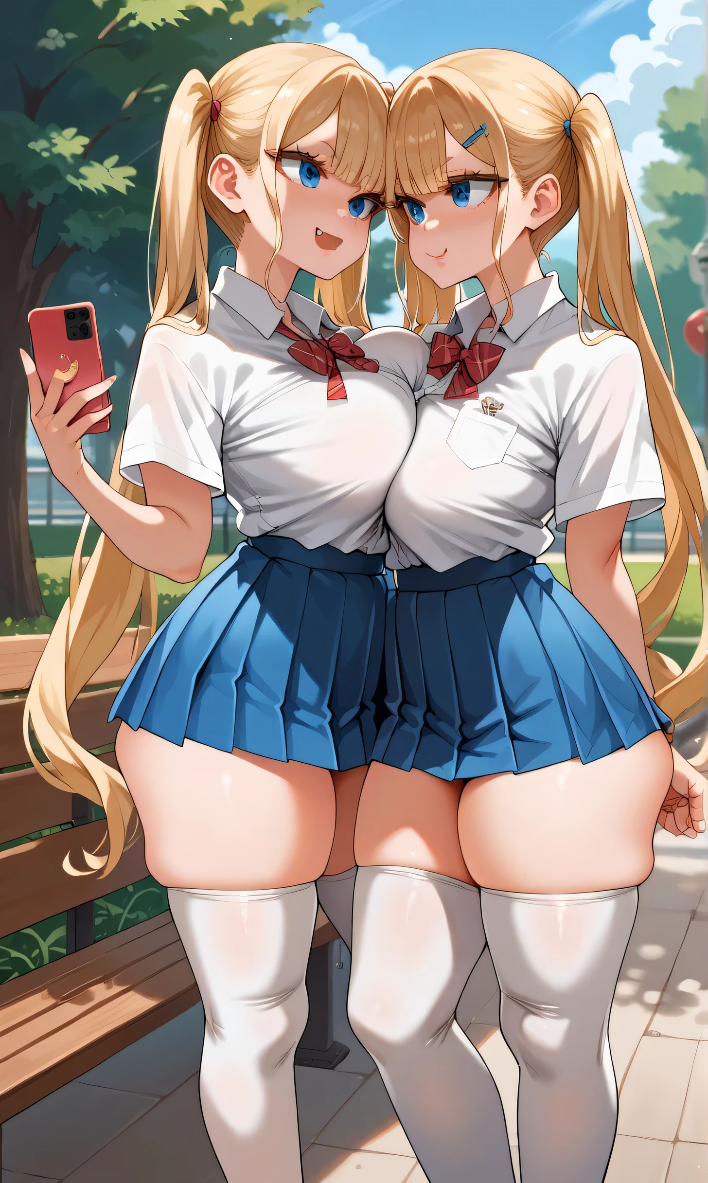 score_9,score_8_up,score_7_up,score_6_up,score_5_up,score_4_up,(source_anime),2girl identical,solo,long hair,breasts,looking her phone, blue eyes,skirt,blonde hair,shirt,thighhighs,twintails,very long hair,school uniform,thighs,pleated skirt,fang,huge breasts,white thighhighs,blue skirt,skindentation,thick thighs,tented shirt,colored eyelashes, park, standing in the park facing each other, looking at each other arguing, side view