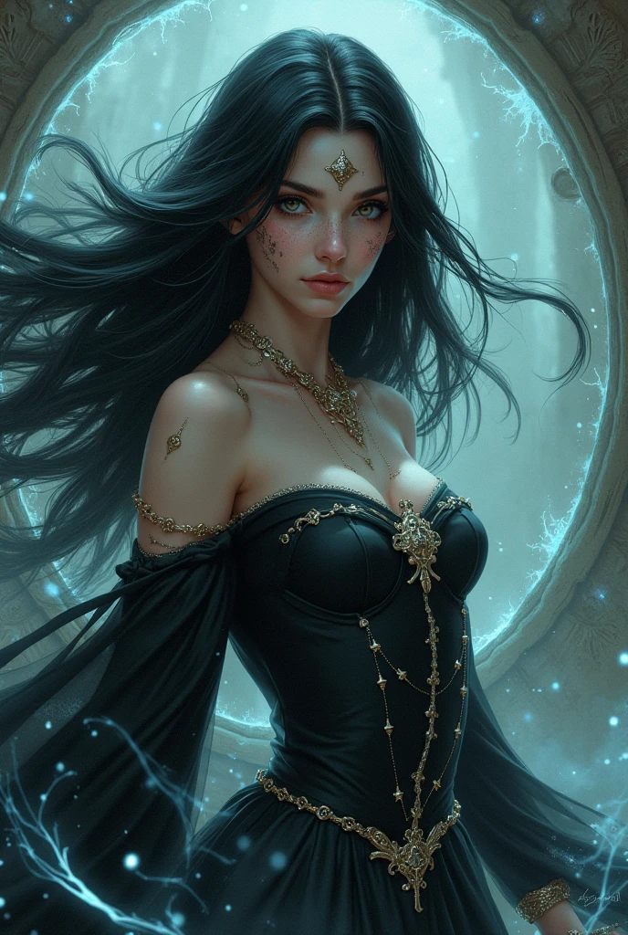 Dreamscape dark and moody portrait of a demon emissary in the midst of a darkly lit volcanic crystal cave where she floats among the magma flows with her mesmerizing visage and her (diaphanous dress billowing:1.4) amongst the smoke filled air. . Surreal, ethereal, dreamy, mysterious, fantasy, highly detailed