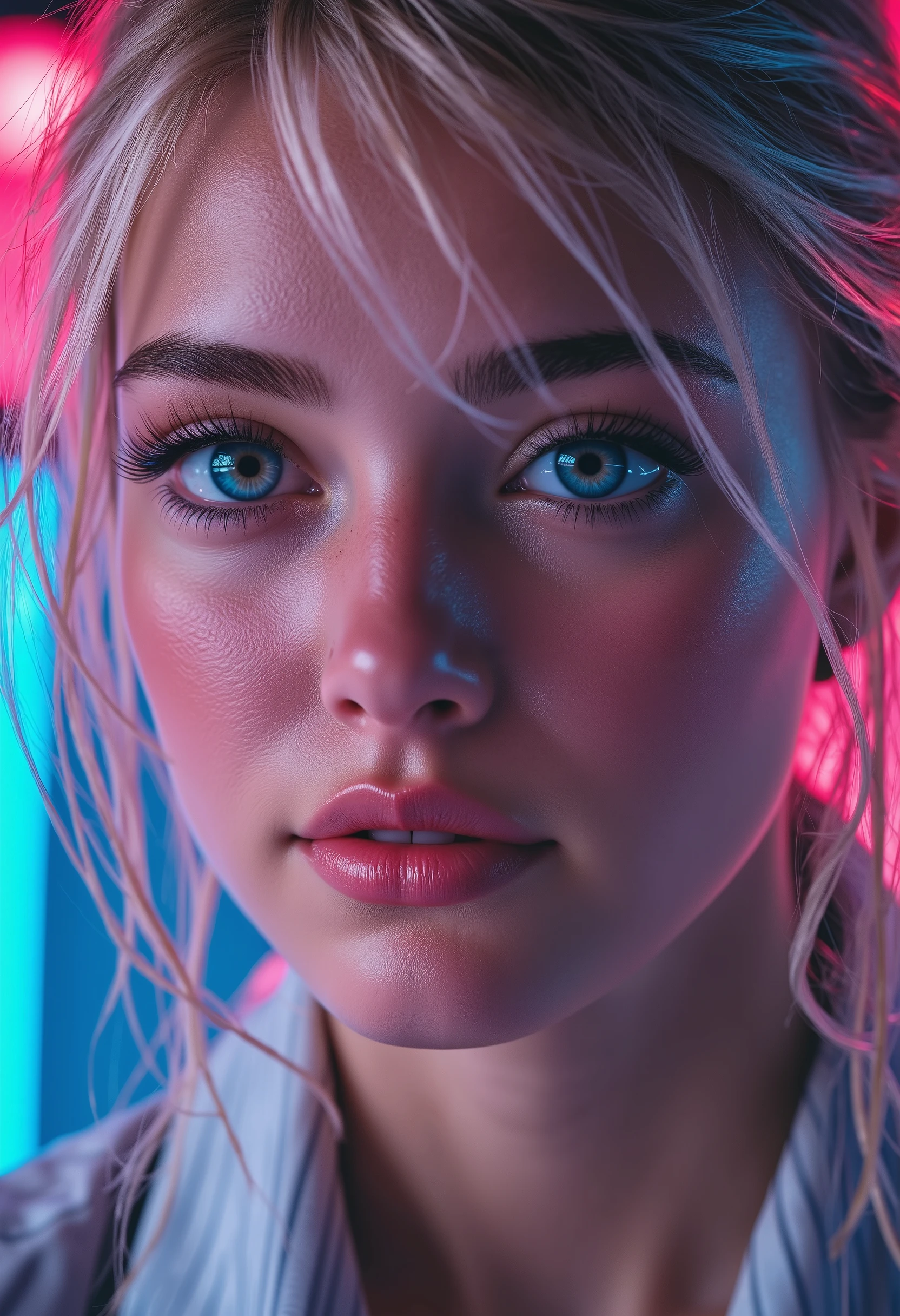 [Style: "masterpiece, realistic, (photo realistic Realism), ultra-detailed, Hyper high resolution"] 1girl, full body,blonde hair, hooded jacket, serious expression, vibrant neon colors, (Key Directive: - ("The priority is the anatomical accuracy and texture of the materials" - "Ultra-sharp human eyes with biological accuracy") { "Eyes: (acid-resistant terminology) (macro-details:1 . 5): * Moist corneal surface (visible aqueous layer:1 . 2) * Hyper-detailed iris stroma (brown with gold flecks) * Precise limbal ring (slightly darker pigmentation:1 . 1) * Pupil micro-texture (irregular edge authenticity:0 . 9) * Vasculature in sclera (subtle red veins radiating from limbus)" - "Lashes: blue individual synthetic fibers (crosshatched roots:1 . 2 , clump-free separation)" Technical Specs: (Optics: - "Zeiss Otus85mm f/1 . 4 lens (eye refraction calculations:1 . 3)" - "Shutter Speed:1/500 (freeze eye micro-movements)" - "Focus Stacking:7-point coverage on iris plane") (Post-Processing: - "Frequency separation for skin vs eye details" - "Selective sharpening: eyes200% , hair80%" - "Denoise: luminance20 , color35 (retain corneal speculars)") (Avoid: "pupil distortion , uncanny valley asymmetry , plastic-like wetness") abstract background, blue and pink lighting, dynamic composition, streetwear style, futuristic vibe, bold color contrast, cyberpunk atmosphere, strong shadows, intense and edgy mood, (Rendering engine: "Unreal Engine 5 path tracing, 16K texture maps") | The ultra-Highres,Unreal 5,Subsurface scattering,PBR Texturing,Post-Processing,Anisotropic Filtering,depth of fields,Maximum Sharpness and Sharpness,multi-layered texture,Precise simulation of light-material interactions,perfectly proportions,Octane rendering, Wide Aperture, low ISO, white balance, The rule of thirds