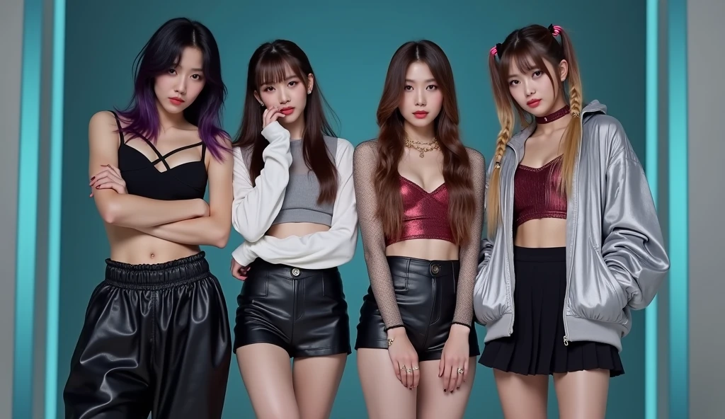 beauitful face、(Three Girls:1.5)、K-pop singer、Singing on stage at a concert、Cool jacket、(a miniskirt:1.4)、(with spreading legs:1.7)、(white panties:1.3)、(A detailed face)、(A detailed eye)、(Detailed lips)、make up、(At SFW:1.0)