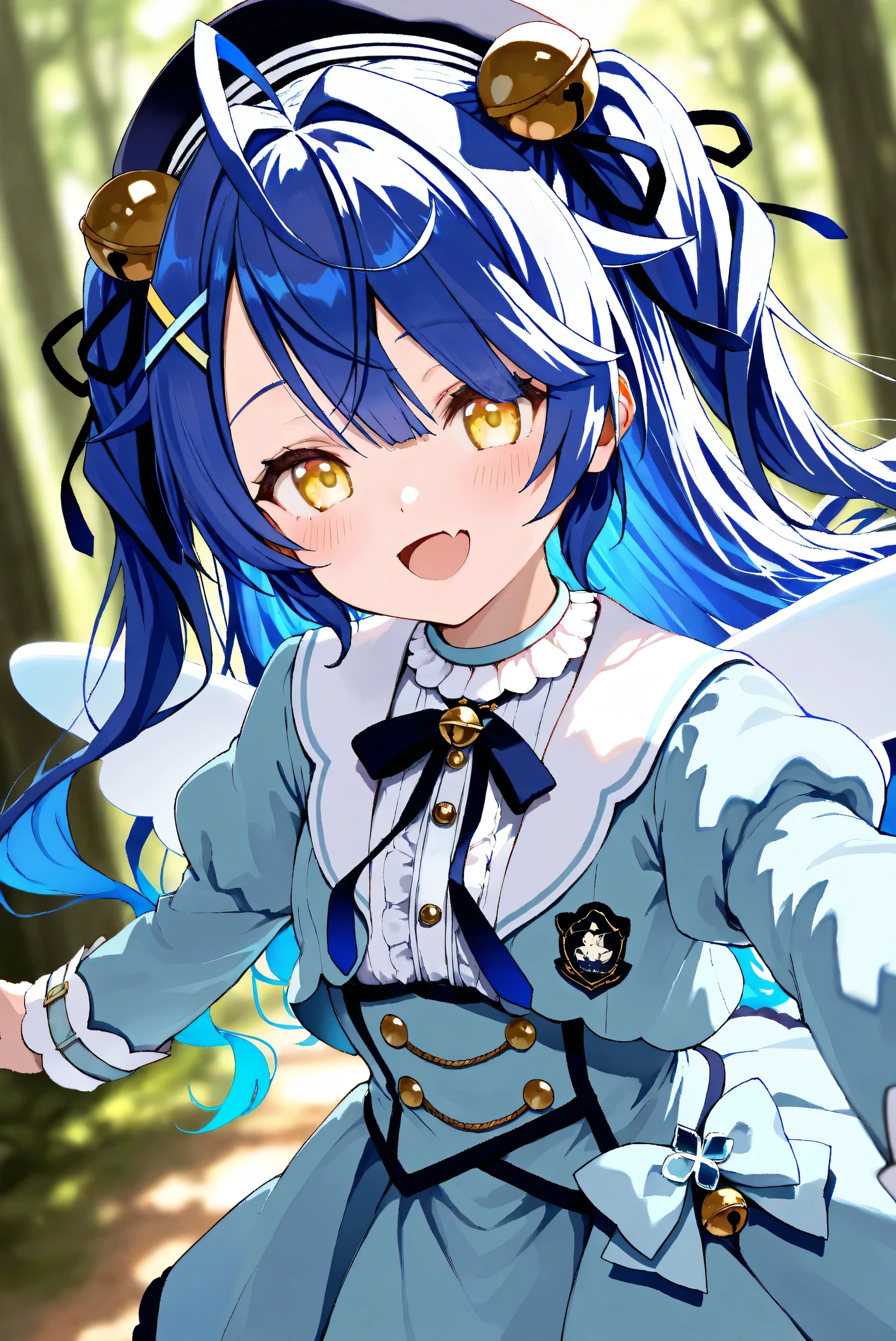 (Masterpiece), (Highest quality), (Very detailed),
(The best shape), (Best Shadow), (Absurd),
(Detailed background), (So beautiful), Shiny ,
Extraordinary, Countershading, 8k, 32K, High resolution, Beautiful eyes in every detail,
Very Detailed CG, UHD,
Score_9, Score_8_up, Score_7_up, Source_anime,
(Pastel painting:1.2), (Watercolor painting:1.2),
(Masterpiece, Detailed:1.2), (Foreshortening:1.2),
Cinematic, Dramatic, (Depth of field:1.4),
(Blurry background:1.4), (Realistic background:1.4),
(Foreshortening:1.3),Dynamic angle, 1 girl,
dynamic pose,
Outdoor, Nature, Wind, forest,
Amamiya Kokoro,
nijisanji, virtual youtuber,
akokoro, ribbon, hair bell, x hair ornament, two side up, skin fang,
beret, dress, blue dress, long sleeves, jingle bell, wings,
portrait, Focus on face, close up shot,
(Blush:1.3), smile, happy,
Realistic skin, Shiny skin,