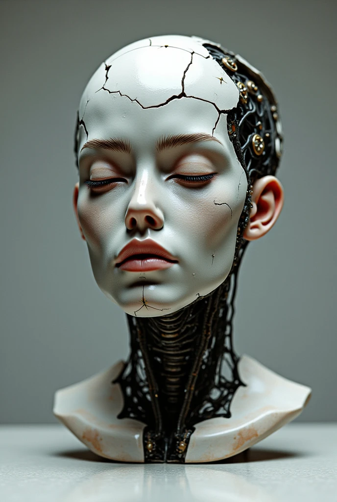 ((Very old photograph in sepia tone only)), Surreal, monochrome image, Surreal and haunting digital art featuring a female humanoid figure with a bald head and a grid pattern of metal wires and chains covering her face and upper body. The figure's skin is a metallic, bronze-like color, and she has black, hollow eyes and an open mouth, giving her a frightening expression. The background is a collage of numerous small, each framed and connected by chains, creating a complex and unsettling visual texture. The overall composition is dark and intricate, evoking a sense of confinement and dystopia. supernatural atmosphere of the scene, horrified, deceptive, insane, disturbing, shocking, vintage, old film:1.5), (inspired by Zdzislaw Beksinski and Wayne Barlowe), cgsociety, art deco, 1920s, hyperdetailed, 1920s Hellraiser film, digital illusions, photorealistic, artistic visuals inspired by Fritz Lang. ((motion picture film)), ultra-detailed, chiaroscuro, RAW photo, cinematic, artstation style, concept art, masterpiece, 8k, black and white, realistic textures, 3D rendering