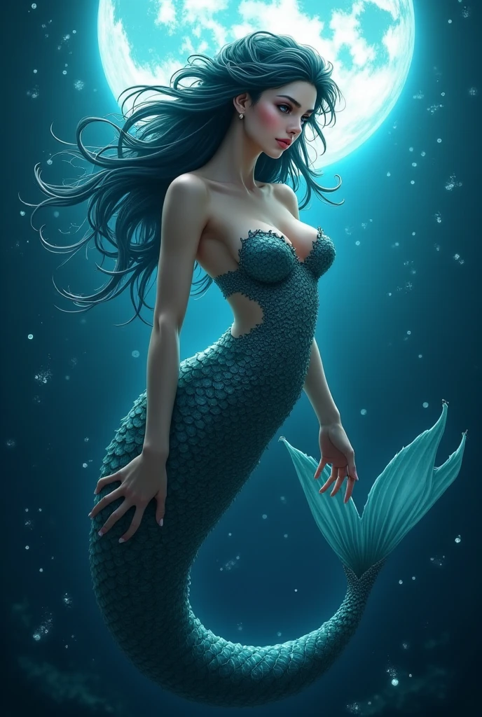 gorgeous deep sea siren, mermaid, pretty, moonlight over the water, pearlescent mermaid tail, pearls and water, innocent girl, light and airy