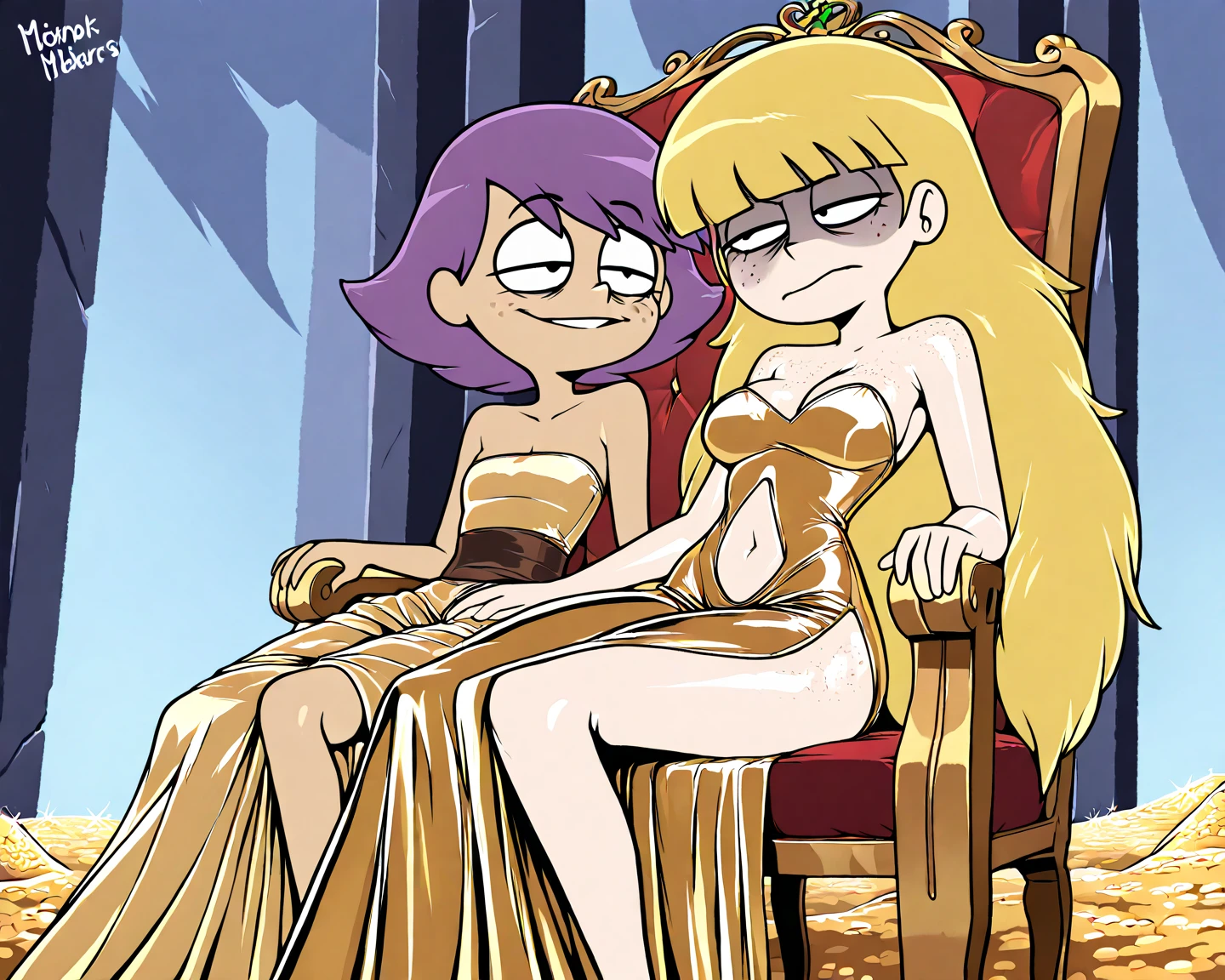 c00lw0rld, 1girl, curvy blue eyed girl with long wavy black hair and small breasts, smug, armpits, (pubic_stubble):3.0, one knee up, lewd, (extreme_nsfw), throne, (gold chain body harness):3.0, ornate tiara
