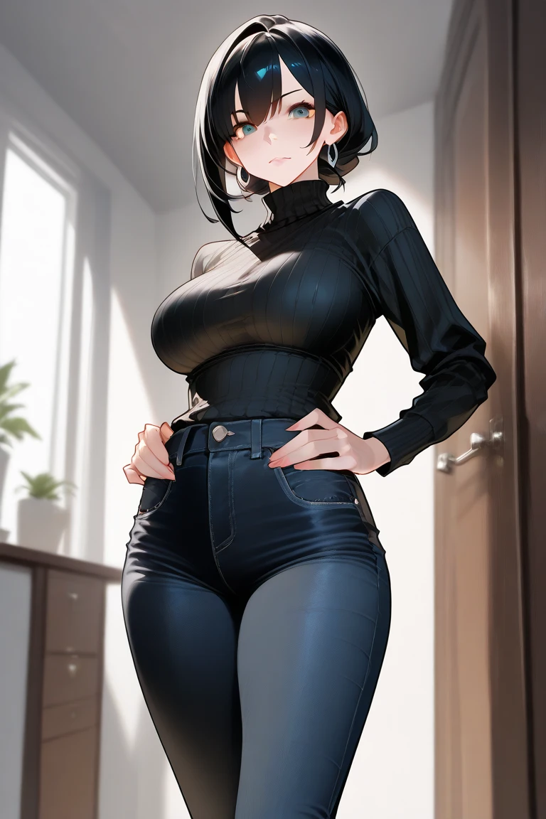 Fubuki from One Punch Man, masterpiece, best quality, 8K, UHD, ultra detailed, ,sexy pose, full body ,beatiful green eyes, beatiful hair, wearing black thight jeans , wearing a tight white box t-shirt, wearing high heels, sexy leg, sexy boobs, in home