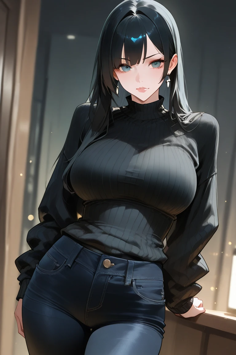 (masterpiece, 最high quality, 超High resolution, Very detailed), (Realistic:1.1, photoRealistic:1.4), Perfect illustration, Perfect lighting,Perfectly detailed hair, Perfect and exquisite face, Perfect collarbone, Perfect body,Juicy breasts, Perfect Thighs, Beautiful legs, View your audience, 1 person,Perfect Face, (Perfect Anatomy, Anatomically correct), Symmetrical face、((Shiny Hair)),Sexy Body、(masterpiece),(最high quality:1.3),8k,Very clear,(Ultra-realistic),Captivating woman,(high quality, High resolution, The finer details), Realisticなスタイルの女性,Juicy breasts、Perfect Woman、Perfect Face、Symmetrical face、Baby Face、Cowboy Shot、((Big breasts))、blush、((Juicy lips))、(((Straight black hair)))、((Large, double-set black eyes、Long eyelashes))、(Red Makeup)、(((Black turtleneck knit)))、(((Black Mini Skirt)))、(Healthy and well-developed body)、((Big tits jk))、(indoor)