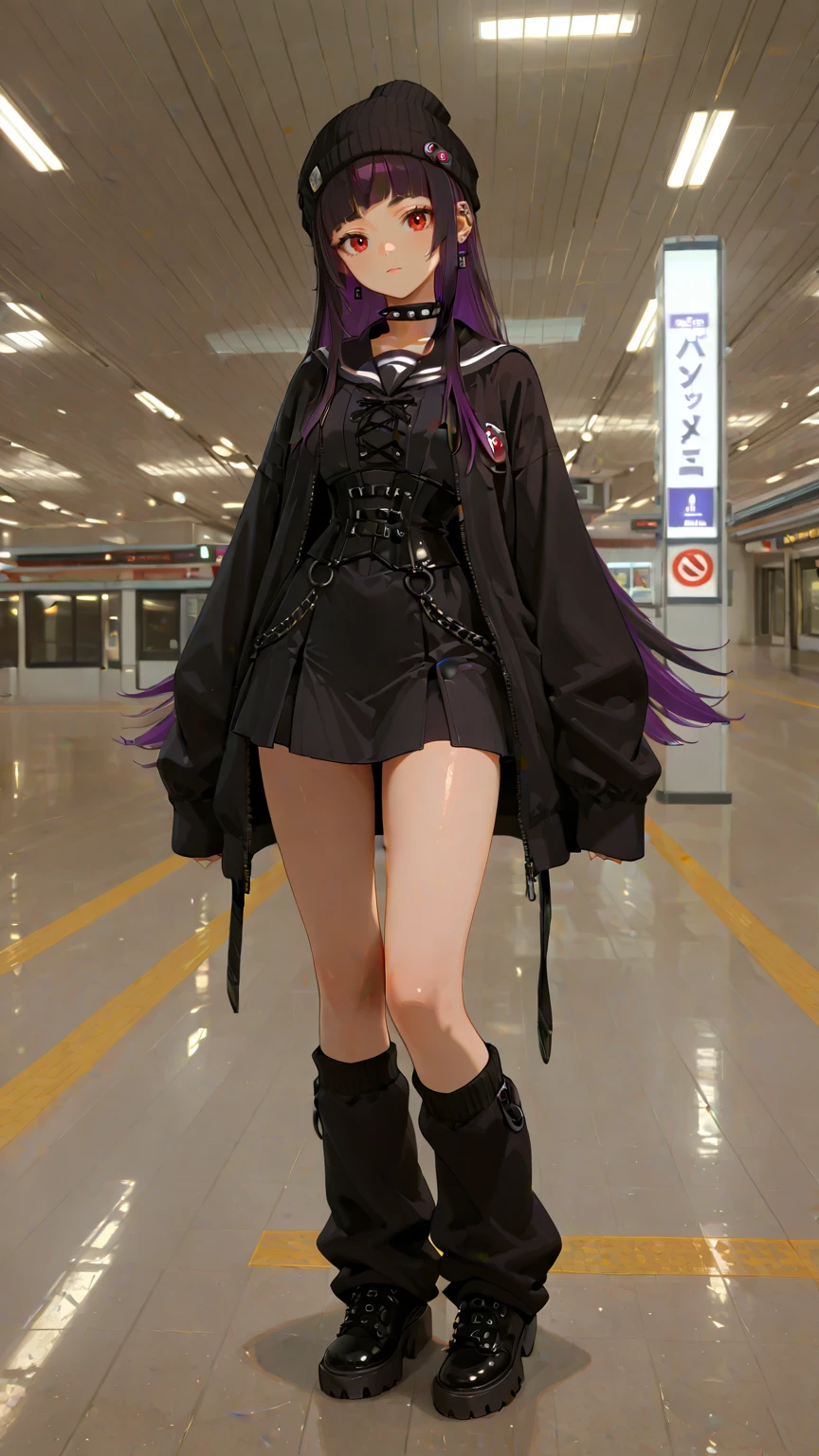 (very aesthetic),perfect anatomy,Neo Gothic Ikebukuro Women,Thin and Dark with Attention to Details,sagitales,(166cm),23 years old,BREAK,Slender body,constricted, long toe,Gloss Skin,Fair skin,black hair,Edo Purple Hair,Multicolor Gradation Hair,Straight Long Hair,BREAK,(Outer Sailor Style Multi Zipper Black Long Jacket),Inner Button Corset Short Skirt Black Dress,BREAK,knitted hat with large clip,Black Ribbon Leg Warmers,Short Studded Boots,Studded Neck Belt,earrings,BREAK,Neo ta Makeup,BREAK,(background in front of Ikebukuro Station, Toshima-ku, Tokyo:1.3),Resplendent City Light,(Caution Pose ),(side angle),rimlight,( dynamic shadows:0.8),BREAK,(God's miracle masterpiece:1.2,BREAK,Best High Quality,High Quality:1.2,Unity 8k)