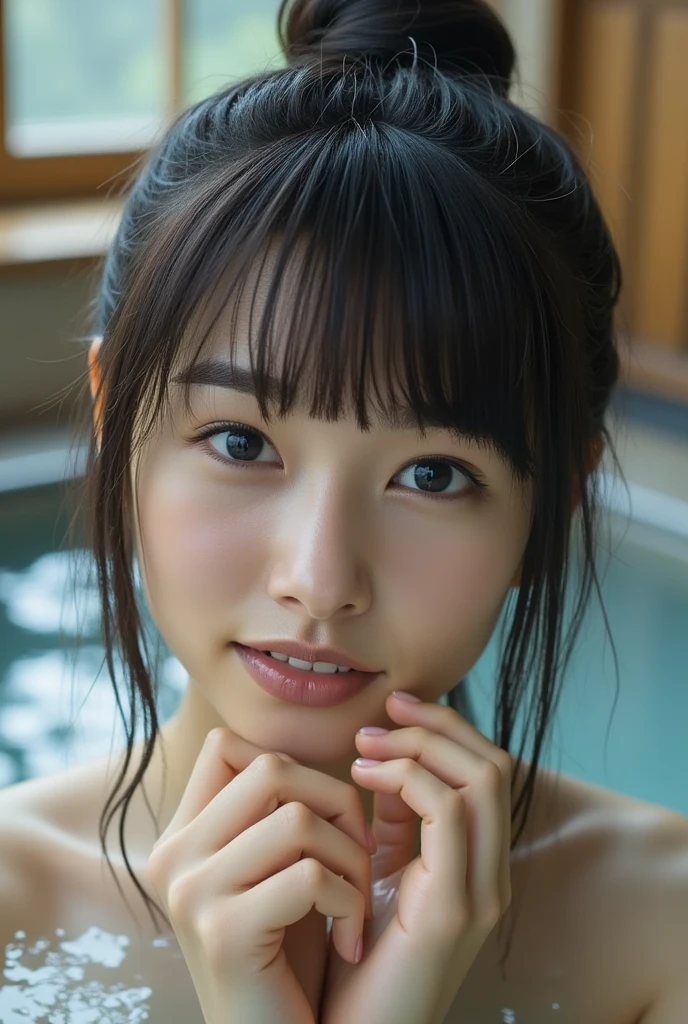 ((Best Quality, 8k, Masterpiece: 1.3)), Woman soaking in a Japan hot spring (naked towel, indoors, in the hot spring: 1.3), full body portrait, cleavage, background is Japan painting, slight smoke from the water, sweating, water droplets on the forehead of the face, overhead camera, sharp focus: 1.2, cute woman: 1.4, light brown hair, with bangs, twisted ponytail, very detailed face and skin and hair texture, wet texture hair, drenched body, detailed eyes, double eyelids, white skin, beautiful legs, beautiful delicate nose, cute young Japan woman, teasing smile, Calm expression and calm breathing create a calm atmosphere, at dynamic angles, while exuding melancholy emotions characterized by calm tones and contrasting mixes of light and shadow, It is a composition that is pleasing to the eye and thought-provoking while emphasizing the subject's hair, eyes, mouth and action. outdoor shooting,
