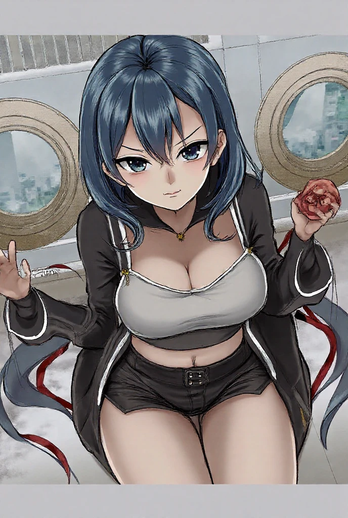 Create an anime girl with Squigly's hair and figure, but with a dark complexion. normal breasts, Put it in the heart of a bustling city, with tall buildings and bright lights. Your brown hair should stand out in this urban environment. Detail your facial expression and how you interact with the city's lively nightlife