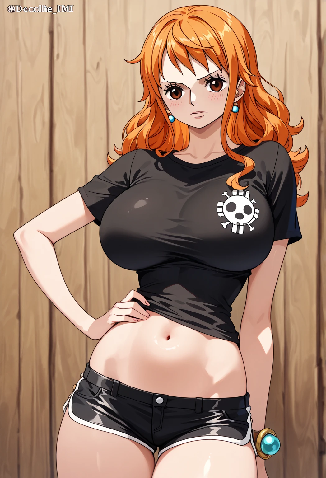 1girl, cabelos longos, orange hair, corpo suculento, body curvy, curvy ass, Curvilinear waist, Curvilinear waist, seios grandes, Seios enormes, seios estourados, bikini blue, thick bikini, coxas grossas, olhos castanhos, Nos, one piece, piece of master, rosto perfeito, jeans shorts, blue top bikini, Thousand Sunny in background
