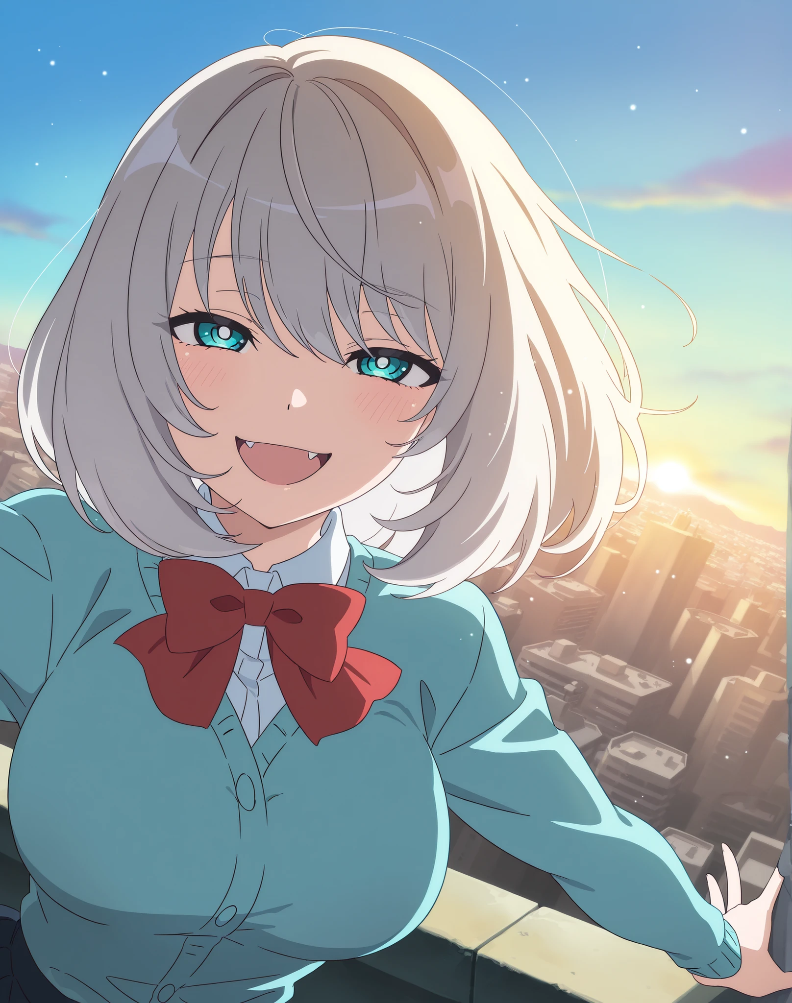 1 girl, Tejina Senpai, bun, smiling, open mouth,masterpiece, best quality, amazing quality, very aesthetic, absurd, newest, landscape, anime screenshot, short breasts, looking at viewer, smile, contrast, anime coloring, day, masterpiece, best quality, alone, uniform school, city background, dynamic lighting, elevated, light particles, happy, standing,dutch angle,