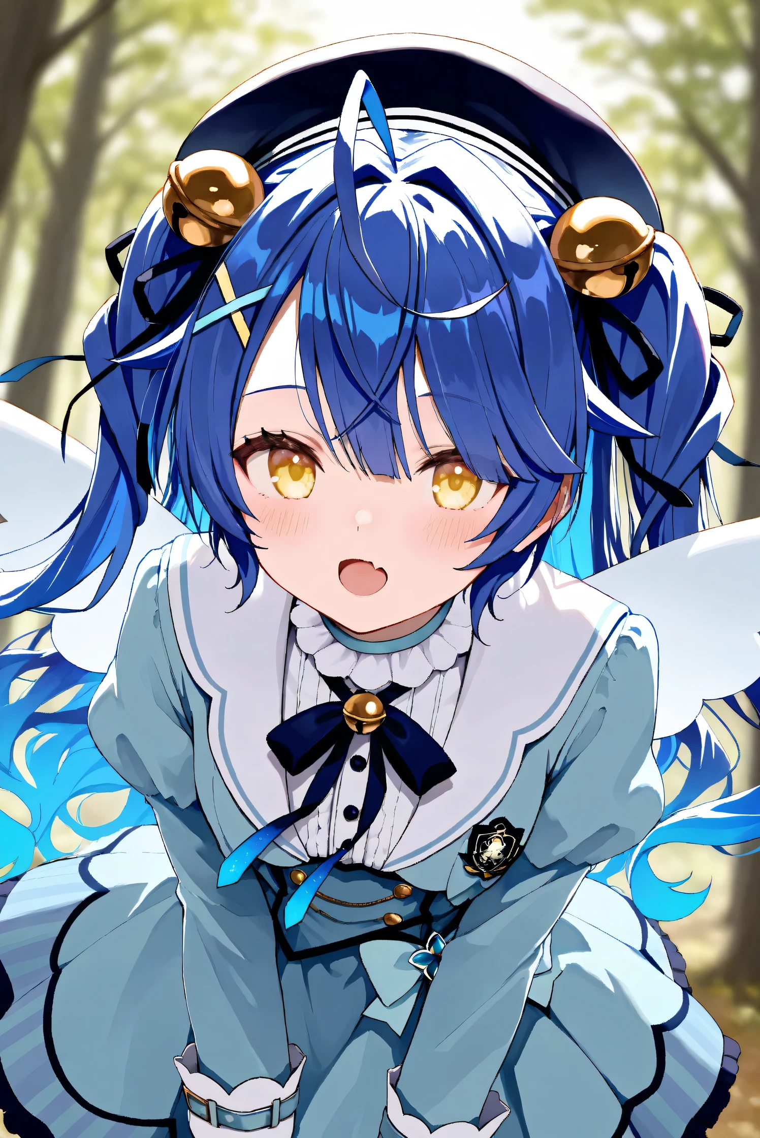 (Masterpiece), (Highest quality), (Very detailed),
(The best shape), (Best Shadow), (Absurd),
(Detailed background), (So beautiful), Shiny ,
Extraordinary, Countershading, 8k, 32K, High resolution, Beautiful eyes in every detail,
Very Detailed CG, UHD,
Score_9, Score_8_up, Score_7_up, Source_anime,
(Pastel painting:1.2), (Watercolor painting:1.2),
(Masterpiece, Detailed:1.2), (Foreshortening:1.2),
Cinematic, Dramatic, (Depth of field:1.4),
(Blurry background:1.4), (Realistic background:1.4),
(Foreshortening:1.3),Dynamic angle, 1 girl,
Outdoor, Nature, Wind, forest,
from below,
Amamiya Kokoro,
nijisanji, virtual youtuber,
akokoro, ribbon, hair bell, x hair ornament, two side up, skin fang,
beret, dress, blue dress, long sleeves, jingle bell, wings,
portrait, Focus on face, (close up shot:1.2),
(Blush:1.3), talking to viewer,
leaning forward,
Realistic skin, Shiny skin,