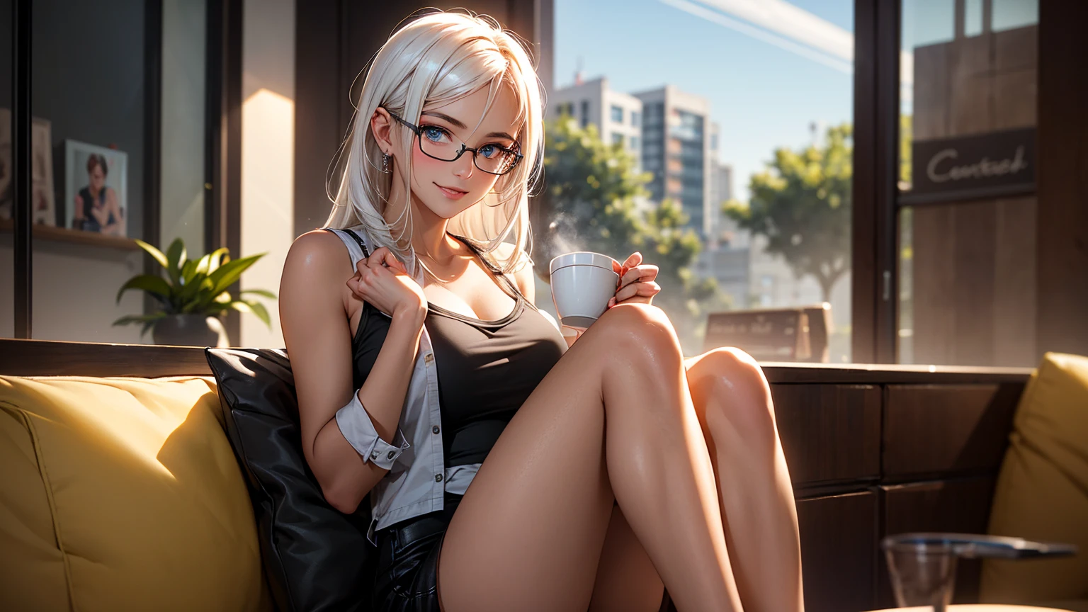 (masterpiece, best quality:1.2), solo, Android 18 from Dragon Ball, ((light gray hooded sweatshirt, Oversized hooded sweatshirt, long sleeve, black thin thigh highs, knees up, beautiful butt, thighs, stripe red panties)), small breasts, blonde hair, (single hair bun), ((blue eyes)), (wearing glasses), earrings on earlobes, slender feminine figure, skinny body, (drinking a coffee), cleavage, off shoulder, light blush, chill, hot coffee, organized, simple, white-based interior, a few plants, cloudy sky, terrace, magnificent view, blur background, 4K, on the cute chair, (pale blue chair),