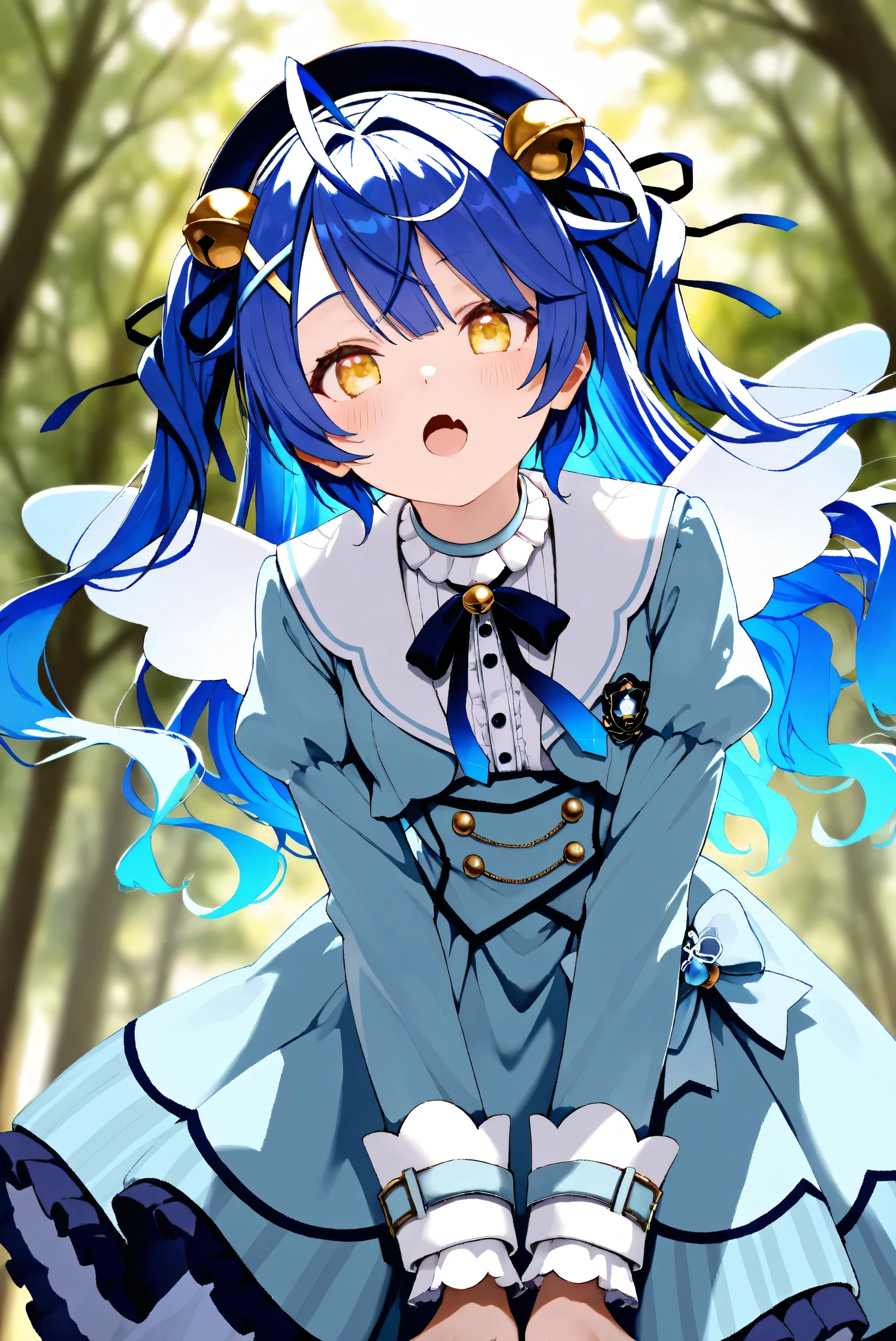 (Masterpiece), (Highest quality), (Very detailed),
(The best shape), (Best Shadow), (Absurd),
(Detailed background), (So beautiful), Shiny ,
Extraordinary, Countershading, 8k, 32K, High resolution, Beautiful eyes in every detail,
Very Detailed CG, UHD,
Score_9, Score_8_up, Score_7_up, Source_anime,
(Pastel painting:1.2), (Watercolor painting:1.2),
(Masterpiece, Detailed:1.2), (Foreshortening:1.2),
Cinematic, Dramatic, (Depth of field:1.4),
(Blurry background:1.4), (Realistic background:1.4),
(Foreshortening:1.3),Dynamic angle, 1 girl,
Outdoor, Nature, Wind, forest,
(from below:1.2),
Amamiya Kokoro,
nijisanji, virtual youtuber,
akokoro, ribbon, hair bell, x hair ornament, two side up, skin fang,
beret, dress, blue dress, long sleeves, jingle bell, wings,
portrait, Focus on face, (close up shot:1.2),
(Blush:1.3), talking to viewer,
leaning forward,
Realistic skin, Shiny skin,