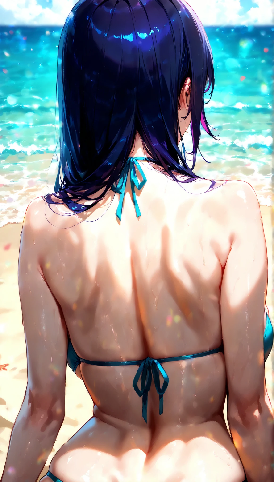 ((Highest quality、masterpiece、8K、Realistic、超High resolution、Very delicate and beautiful、High resolution、Cinema Lighting))、hourglass figure:1.6、At the sea in the moonlight、((A woman is combing her hair:1.6)), ((Back view:1.8)), ((look back:1.6)), She has long hair、The hair is wet with water drops。(Fascinating swimwear design:1.8、Drops of water glisten on her back)。In the background you can see the clear blue sky and the moon.、The surface of the water is undulating、shining brightly。The woman's pose is natural and relaxed.、The overall atmosphere is like a refreshing summer day.、Big Breasts