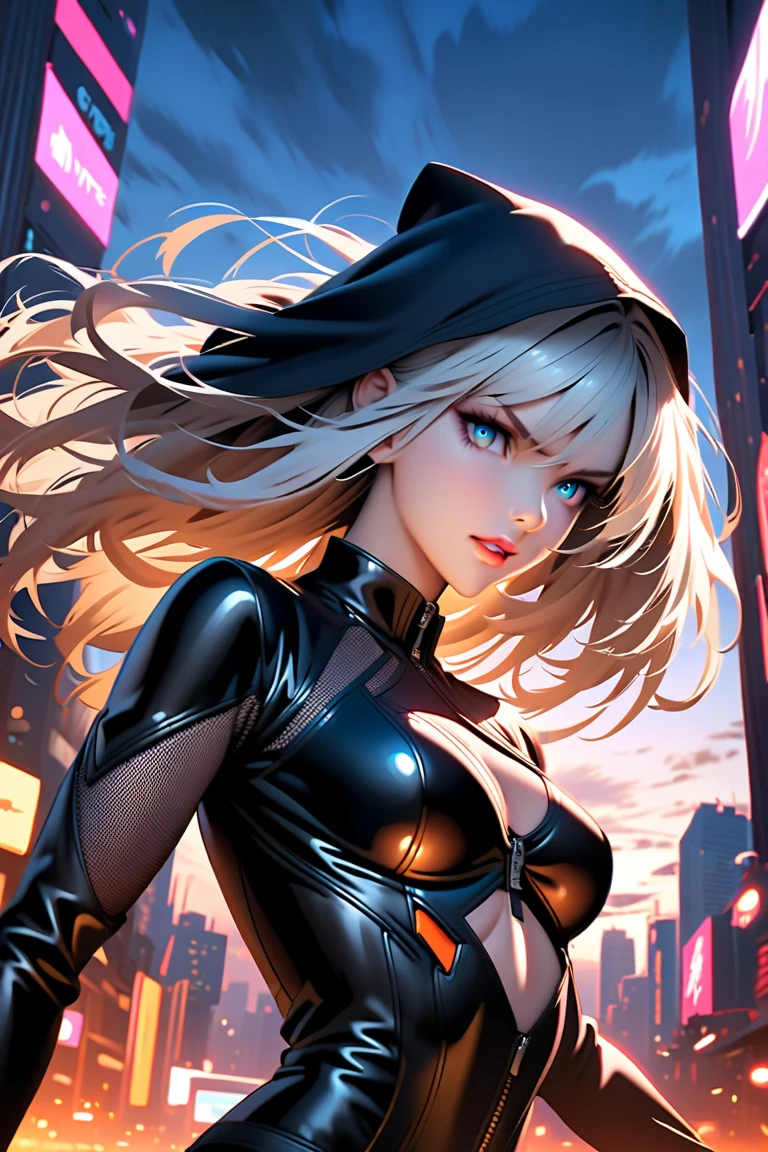 female , Un adolescente con cabello corto y blanco como la nieve , sporting a mysterious full-face black mask that has glowing purple eyes , vestido con una llamativa camisa roja y un largo abrigo ?????, Deftly wielding a pair of dual long swords, one bright in vibrant red and the other hypnotically purple.. The scene unfolds against the backdrop of a dystopian cyberpunk city at night.., pulsing with neon lights and a futuristic aura, All rendered in stunning high-resolution 8K quality